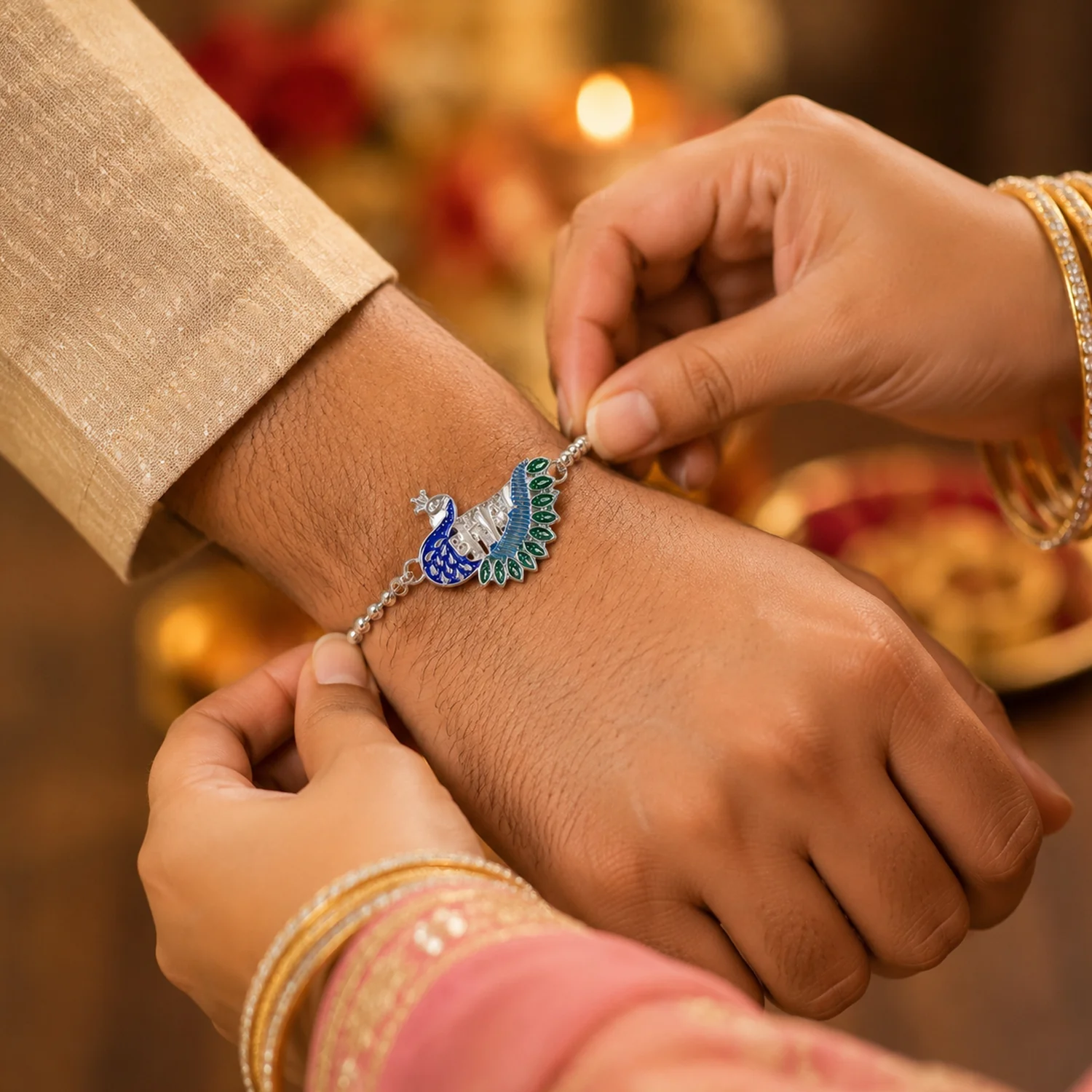 Silver Finish Peacock Design Rakhi with Beaded Chain Thread (1 Pc) - Image 4