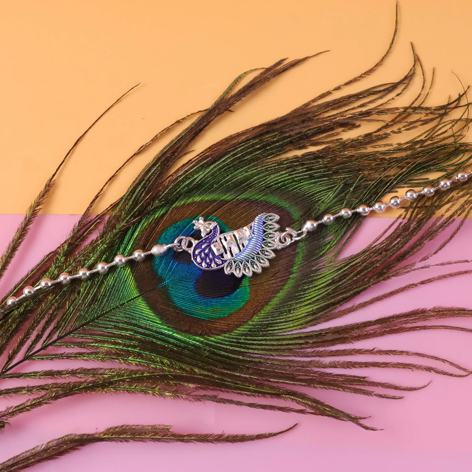 Silver Finish Peacock Design Rakhi with Beaded Chain Thread (1 Pc) - Image 5