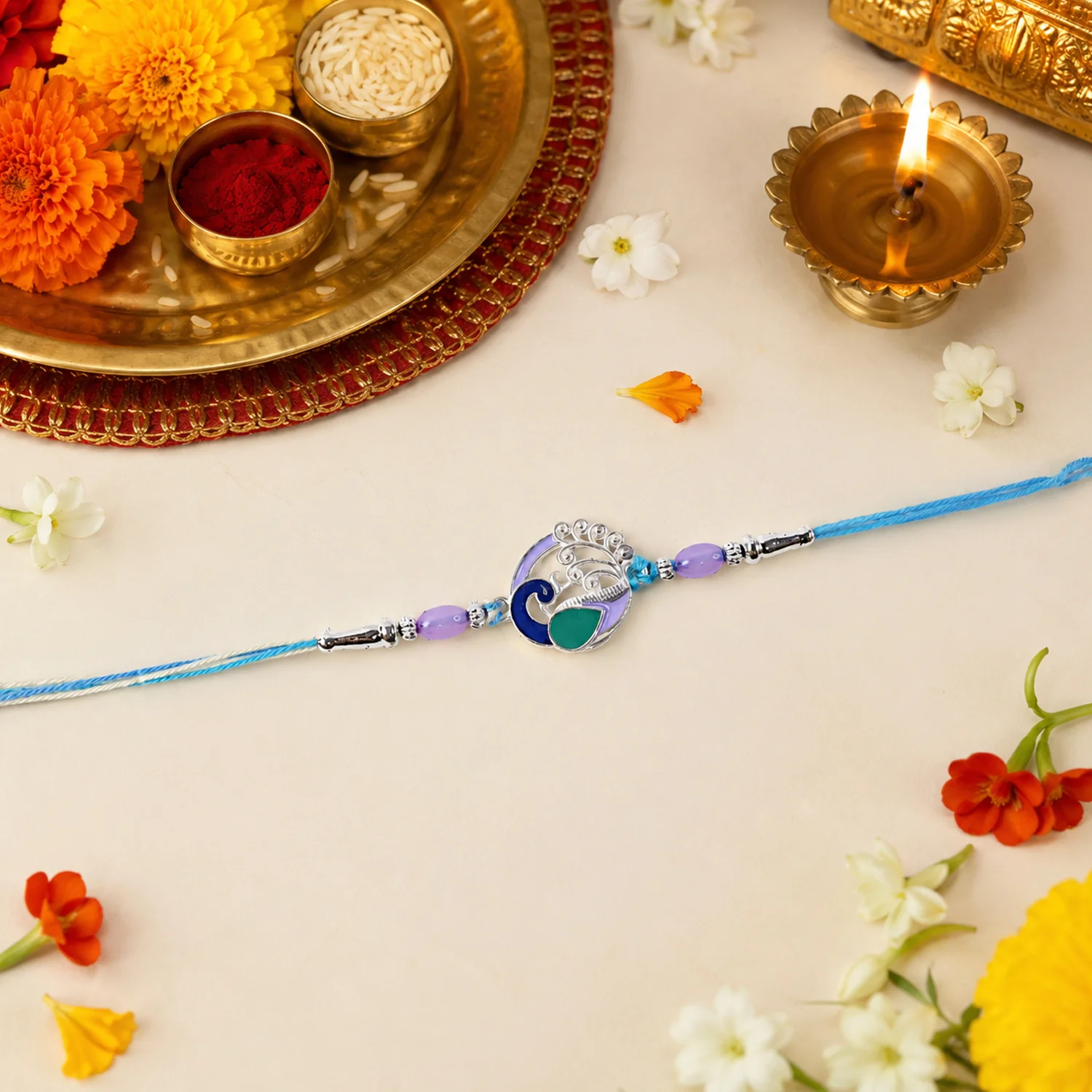 Designer Peacock Motif Rakhi with Beads and Thread (1 Pc) - Image 3