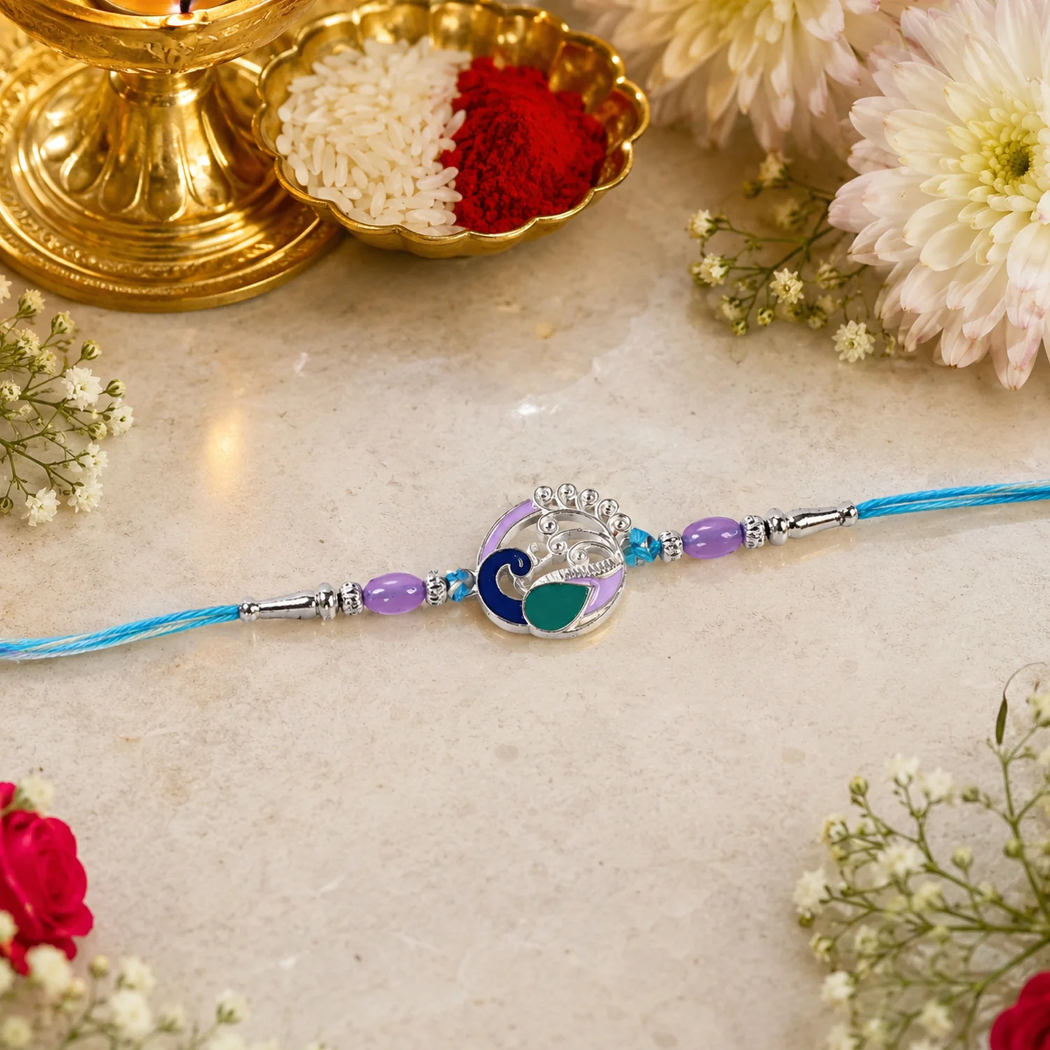Designer Peacock Motif Rakhi with Beads and Thread (1 Pc) - Image 6