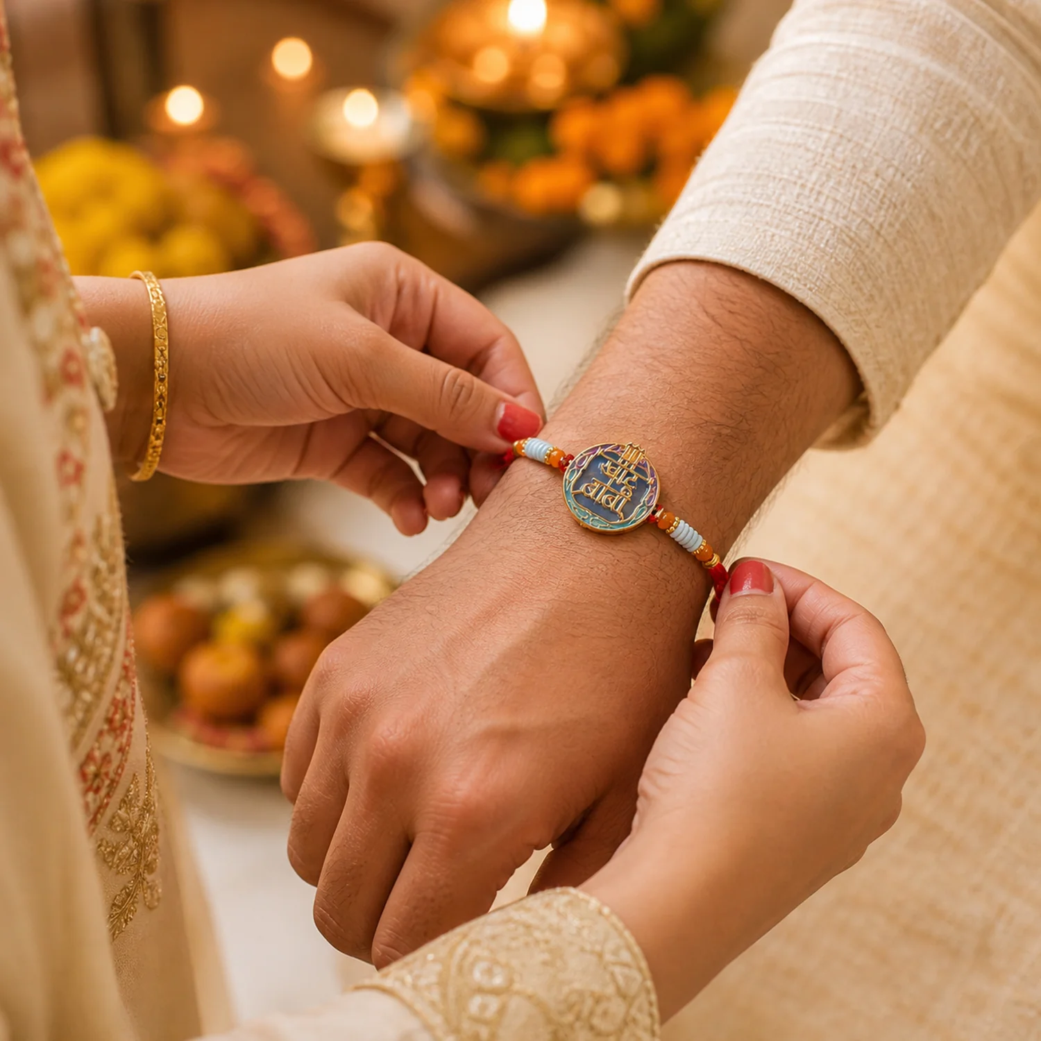 Colorful Rakhi with Decorative Beads and Religious Symbol (1 Pc) - Image 4