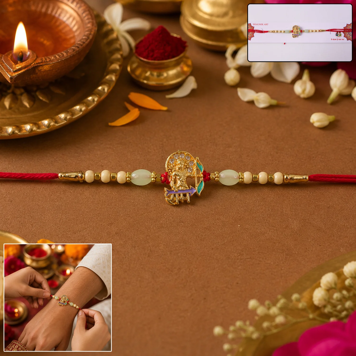 Gold Finish Lord Ram Theme Rakhi with Decorative Beads Thread (1 Pc) - Image 2