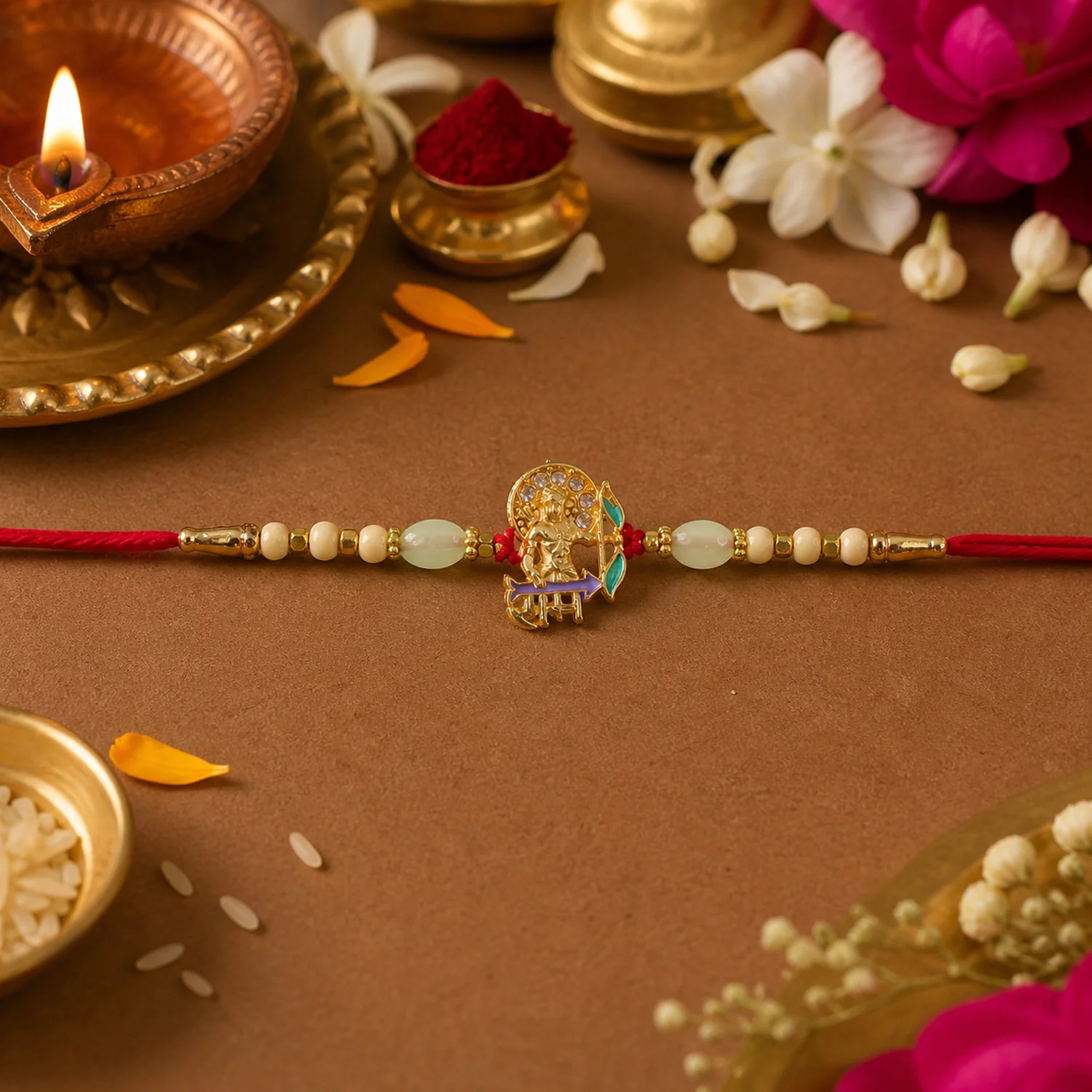 Gold Finish Lord Ram Theme Rakhi with Decorative Beads Thread (1 Pc) - Image 3