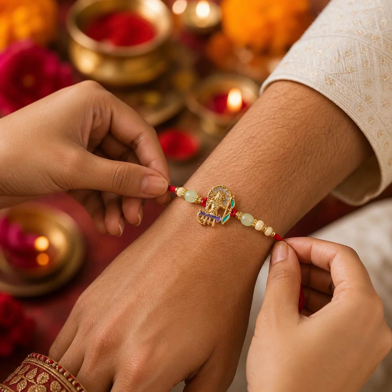 Gold Finish Lord Ram Theme Rakhi with Decorative Beads Thread (1 Pc) - Image 4