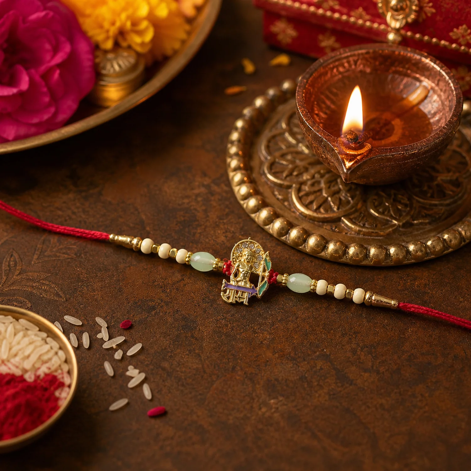 Gold Finish Lord Ram Theme Rakhi with Decorative Beads Thread (1 Pc) - Image 5