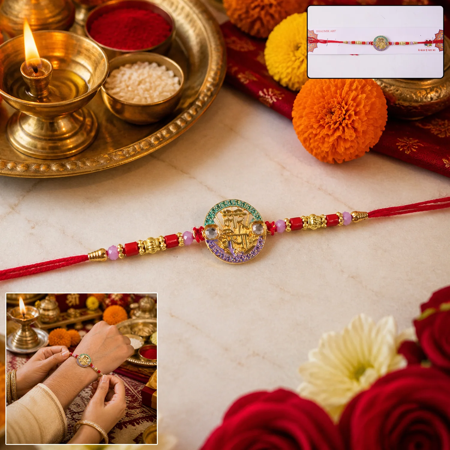 Mere Bhaiya Designer Rakhi with Stone Work and Red Thread (1 Pc) - Image 2