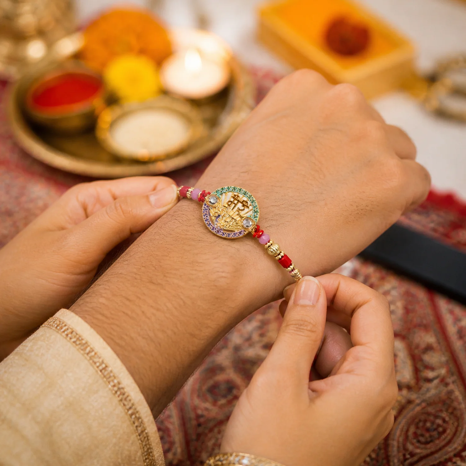 Mere Bhaiya Designer Rakhi with Stone Work and Red Thread (1 Pc) - Image 4