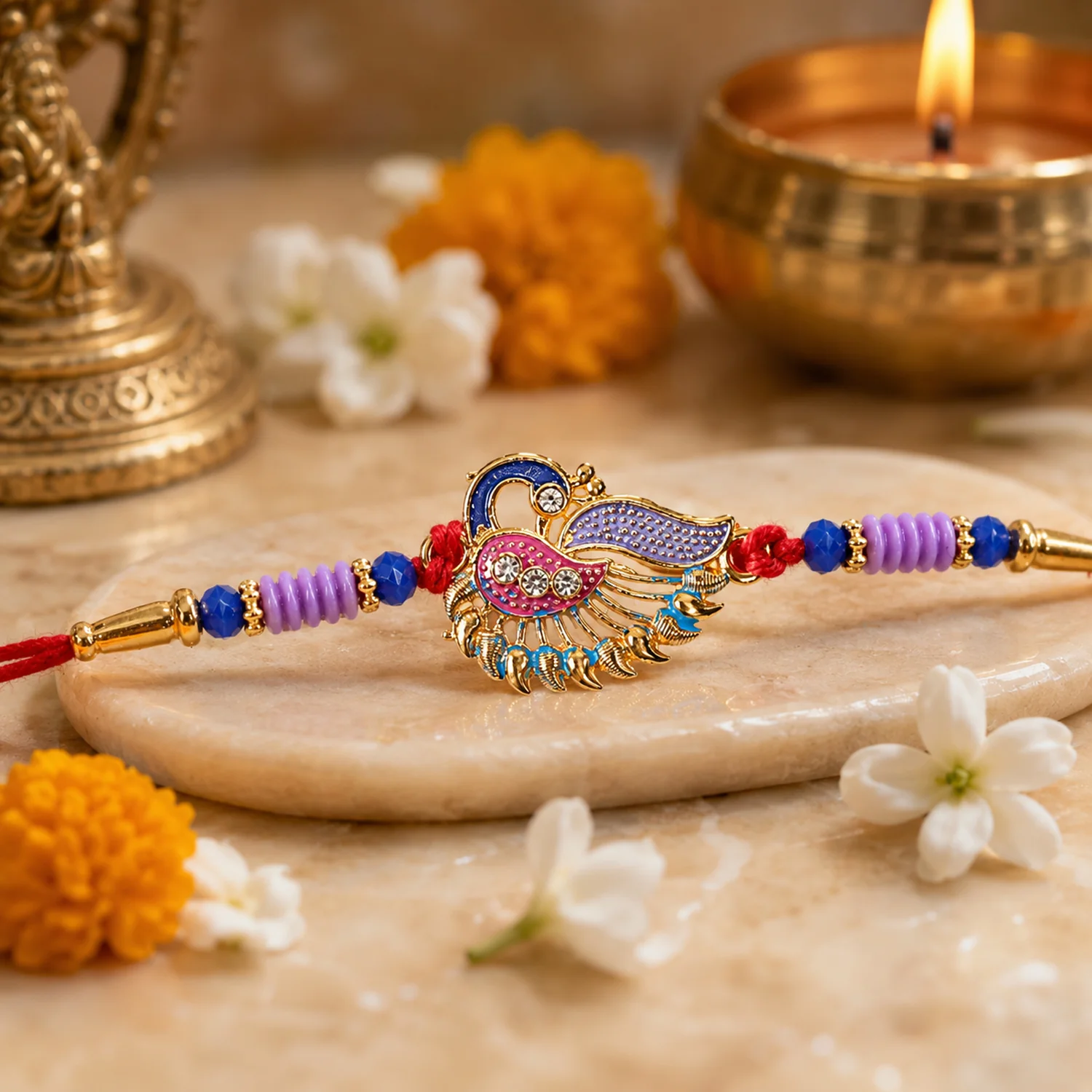 Designer Peacock Rakhi with Beads and Thread Traditional Rakhi (1 Pc) - Image 2