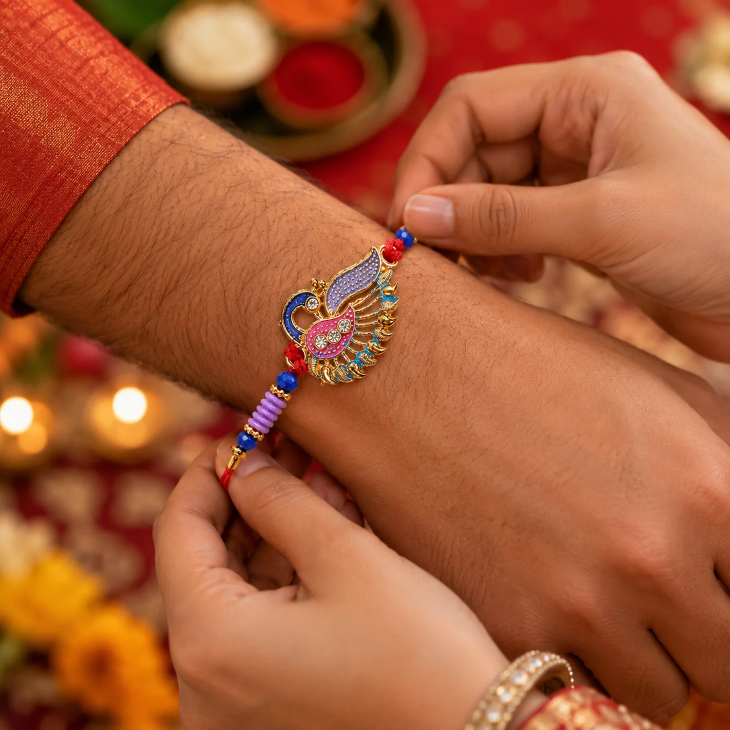 Designer Peacock Rakhi with Beads and Thread Traditional Rakhi (1 Pc) - Image 3
