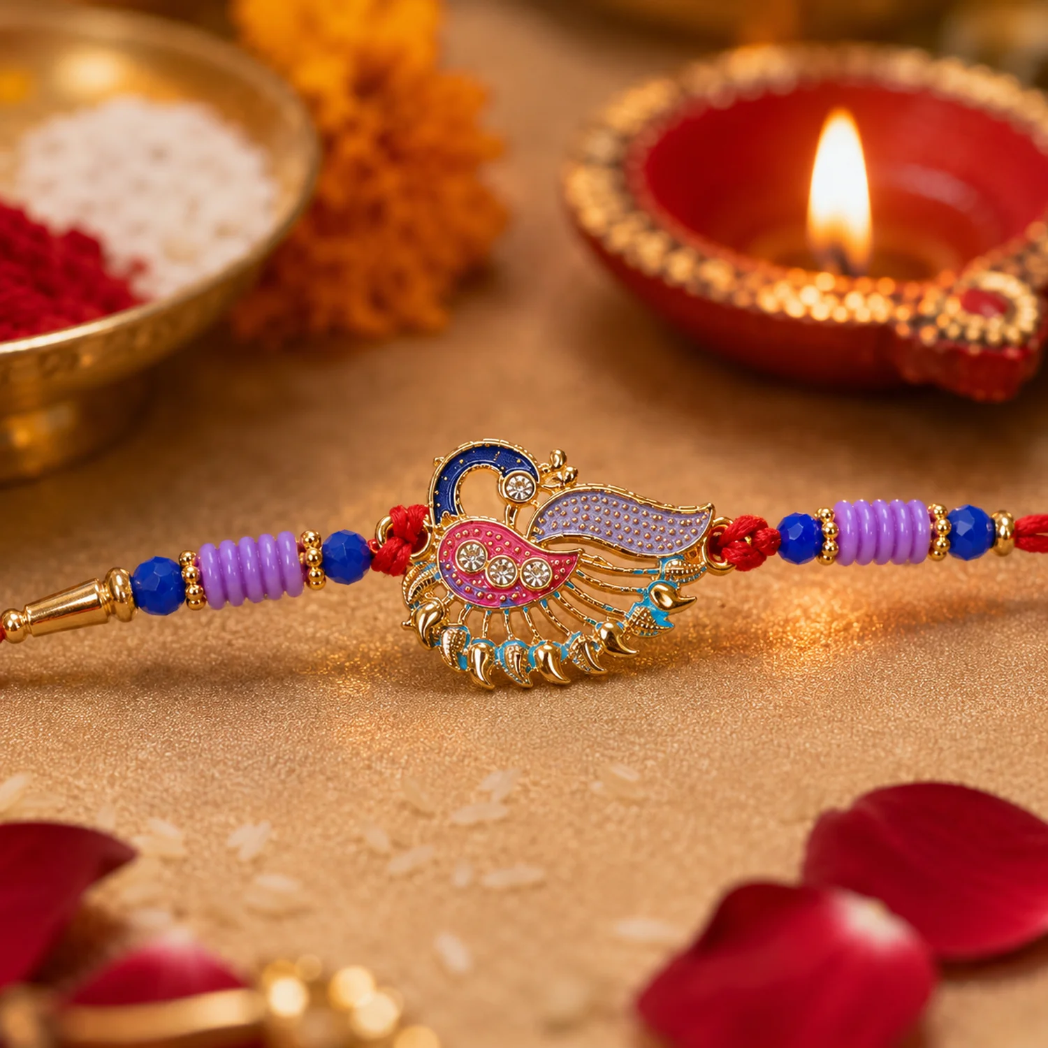 Designer Peacock Rakhi with Beads and Thread Traditional Rakhi (1 Pc) - Image 4