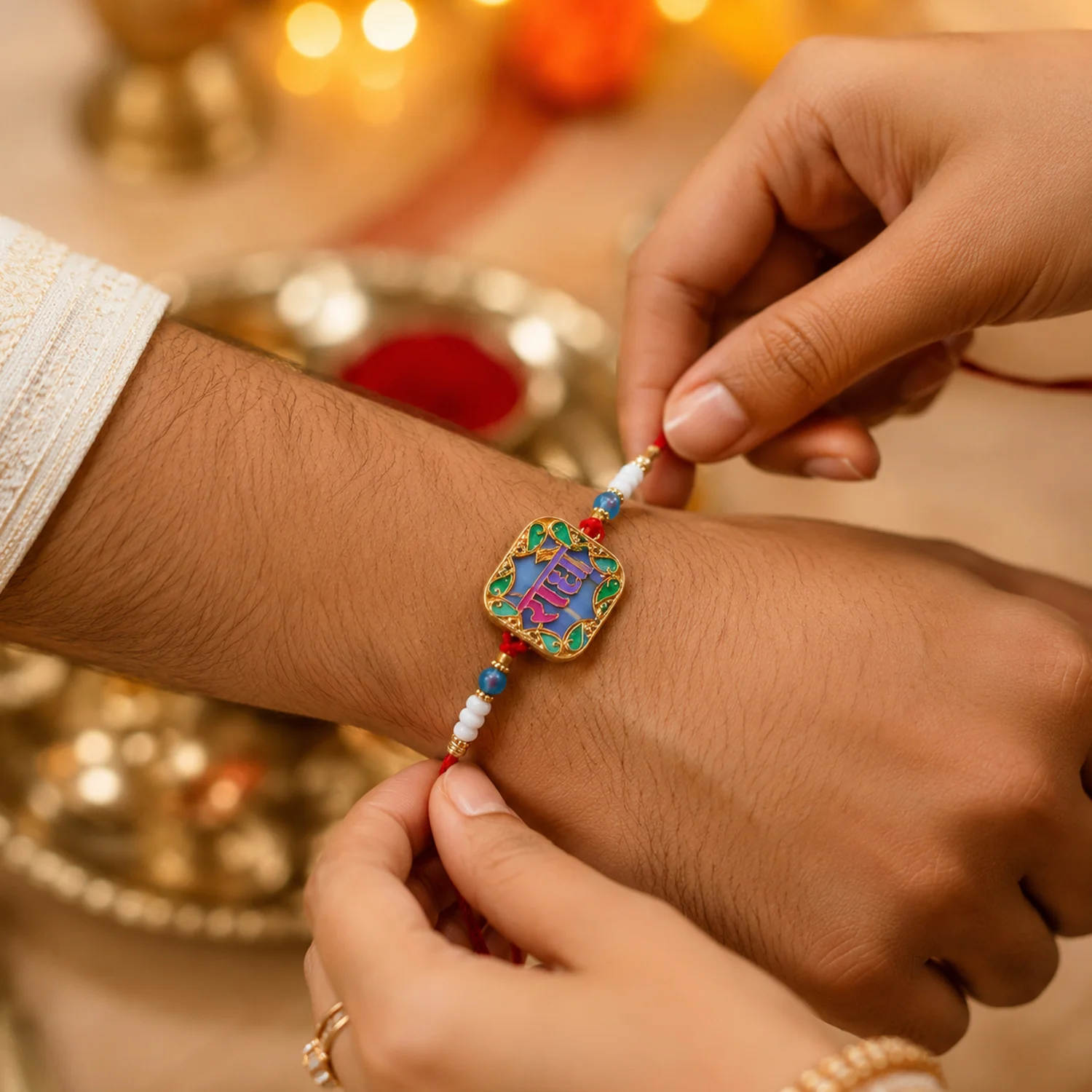 Rakhi with "Radhe" Engraved and Colorful Beads (1 Pc) - Image 3