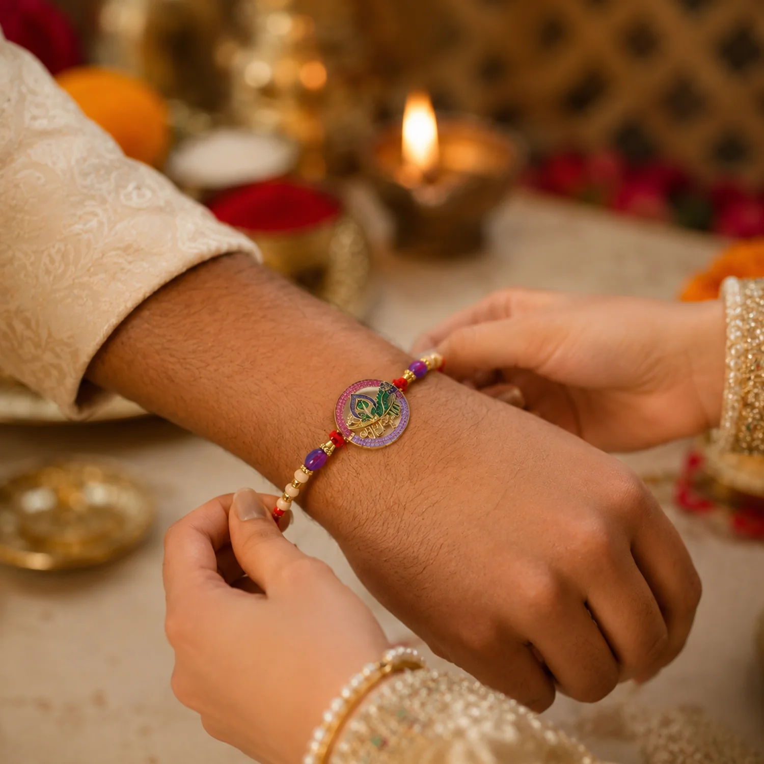 Radha Krishna Design Rakhi with Colorful Beads (1 Pc) - Image 2