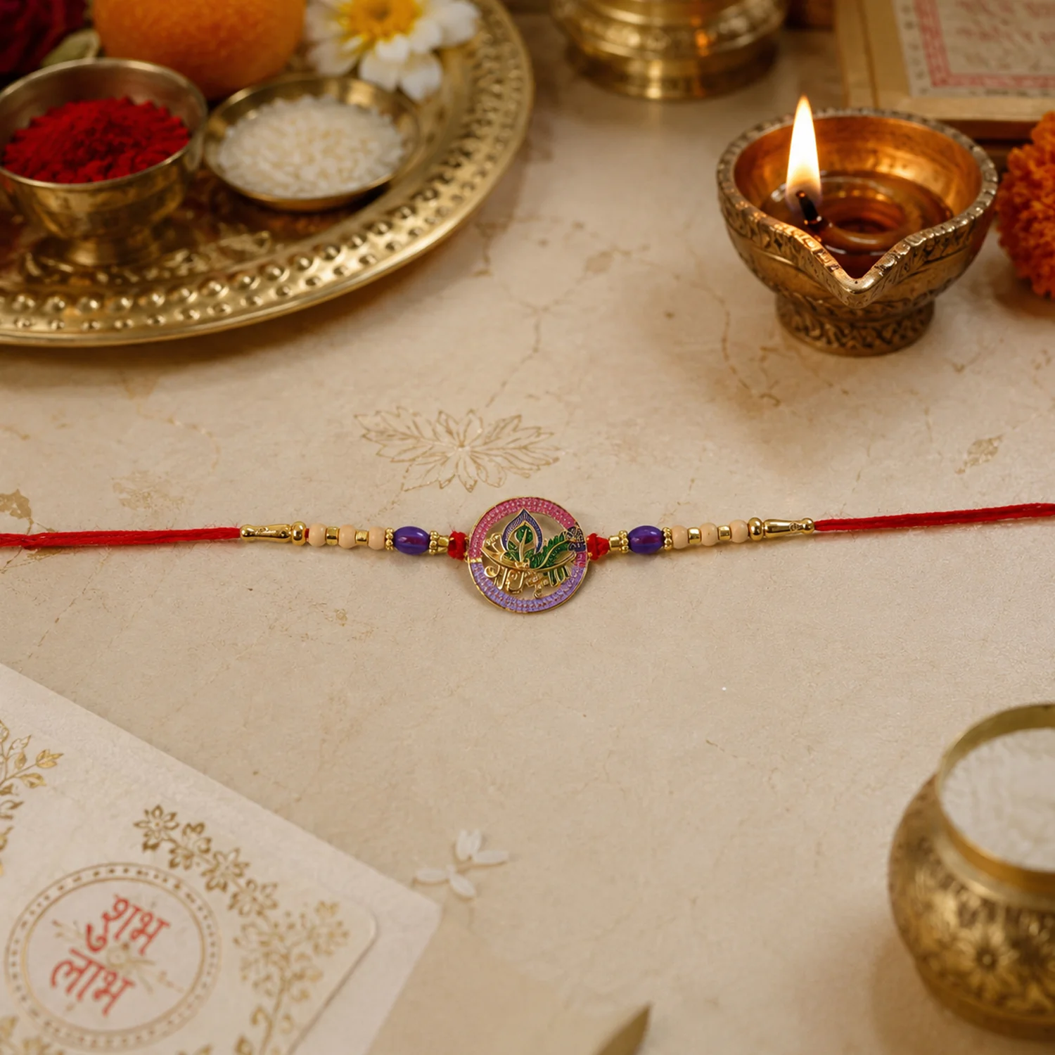 Radha Krishna Design Rakhi with Colorful Beads (1 Pc) - Image 3