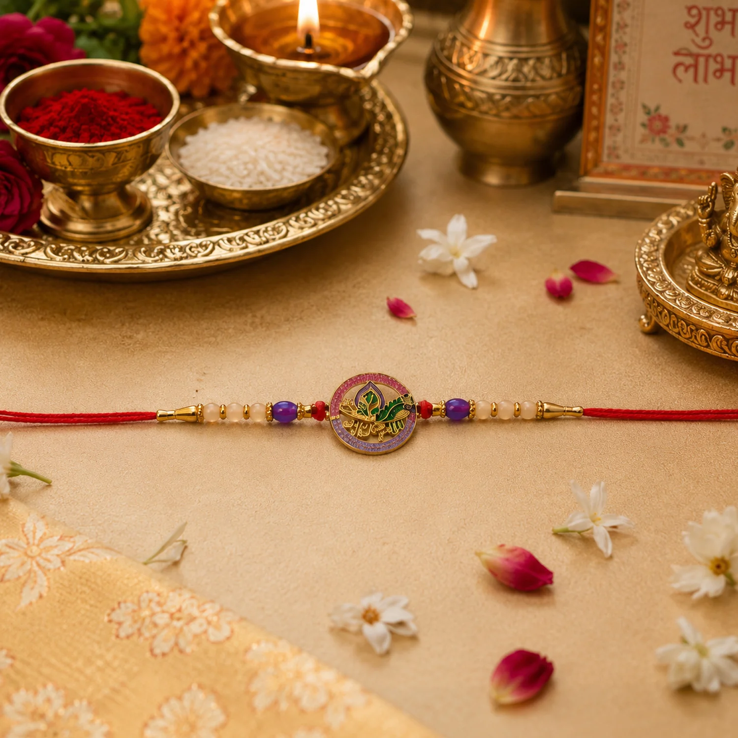 Radha Krishna Design Rakhi with Colorful Beads (1 Pc) - Image 5