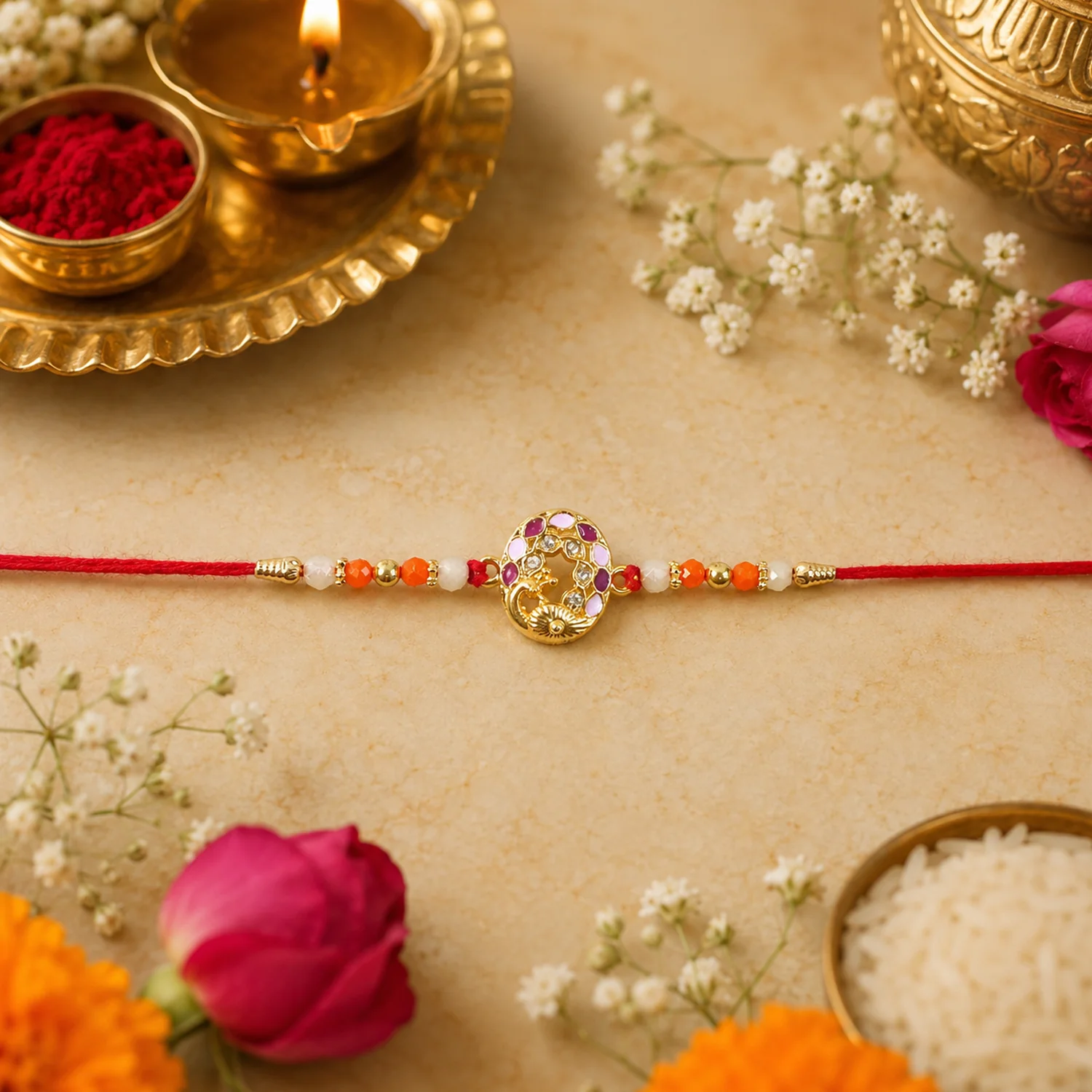Peacock Design Rakhi with Colorful Beads (1 Pc) - Image 2