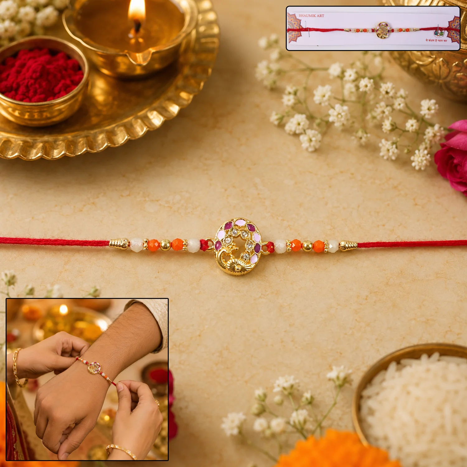 Peacock Design Rakhi with Colorful Beads (1 Pc) - Image 8