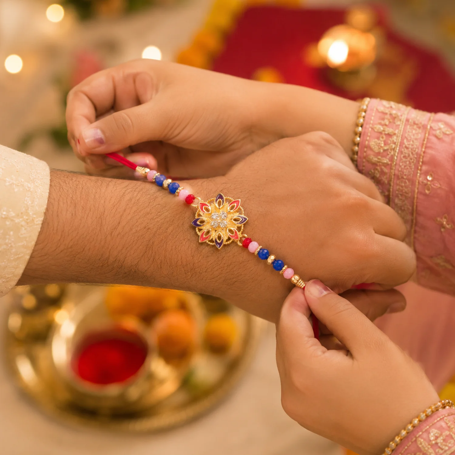 Floral Rakhi with Beads and Thread for Raksha Bandhan (1 Pc) - Image 2