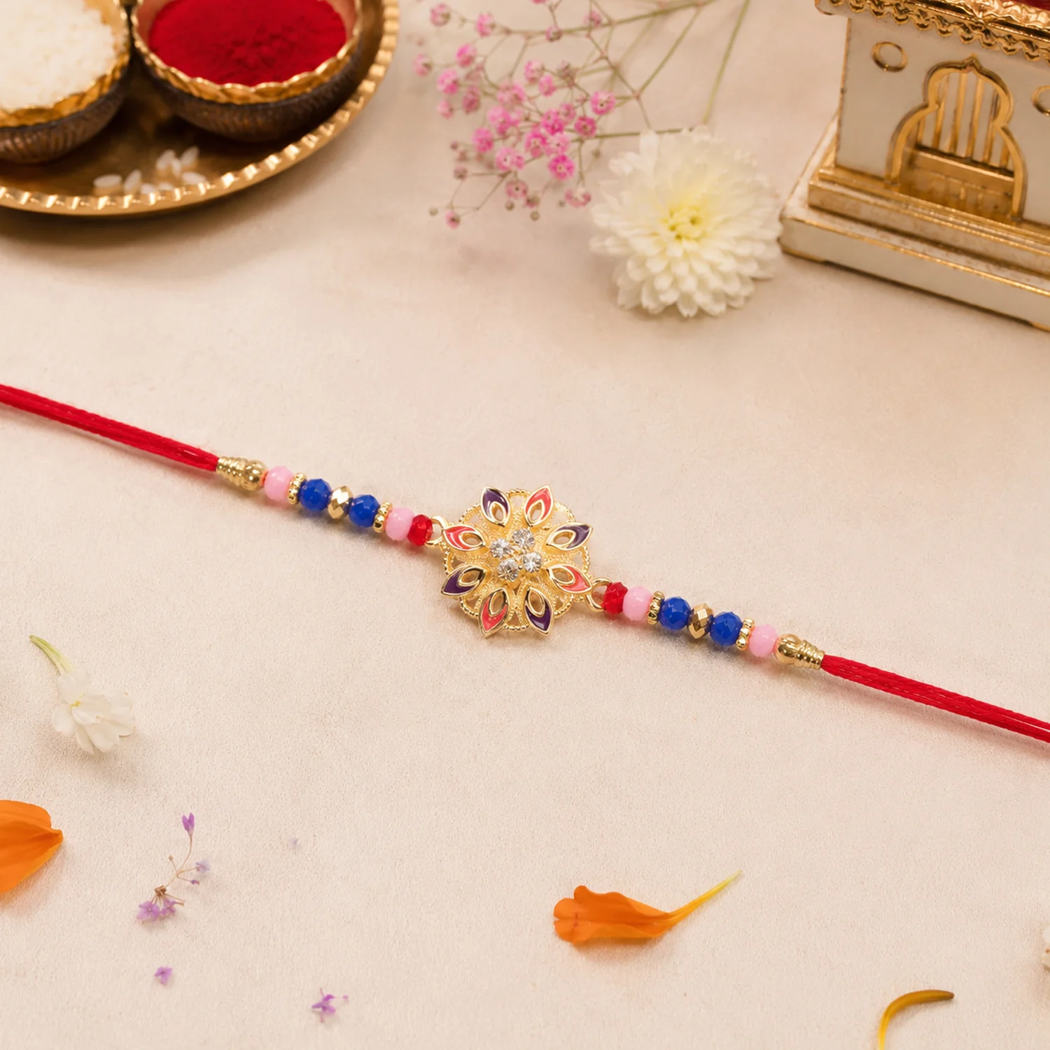 Floral Rakhi with Beads and Thread for Raksha Bandhan (1 Pc) - Image 3