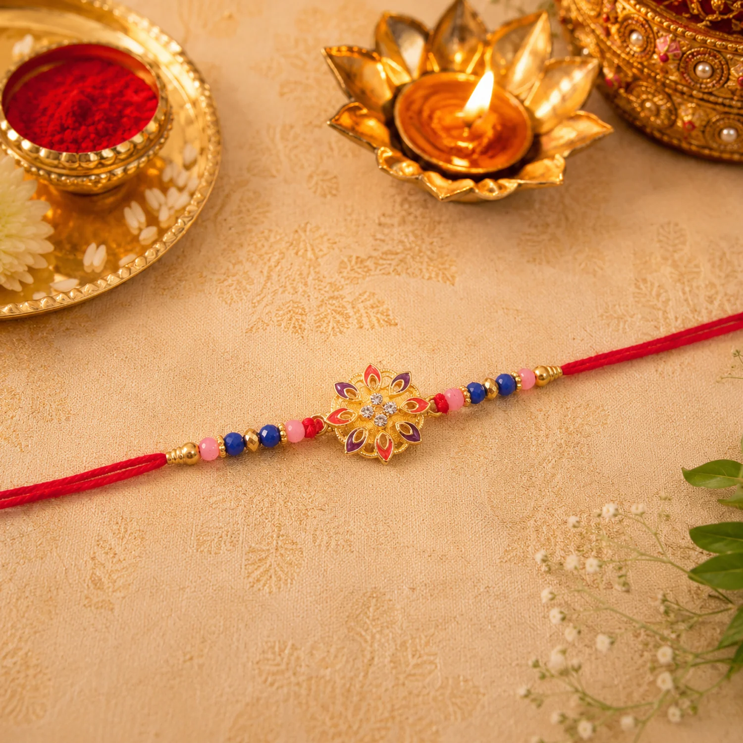 Floral Rakhi with Beads and Thread for Raksha Bandhan (1 Pc) - Image 4