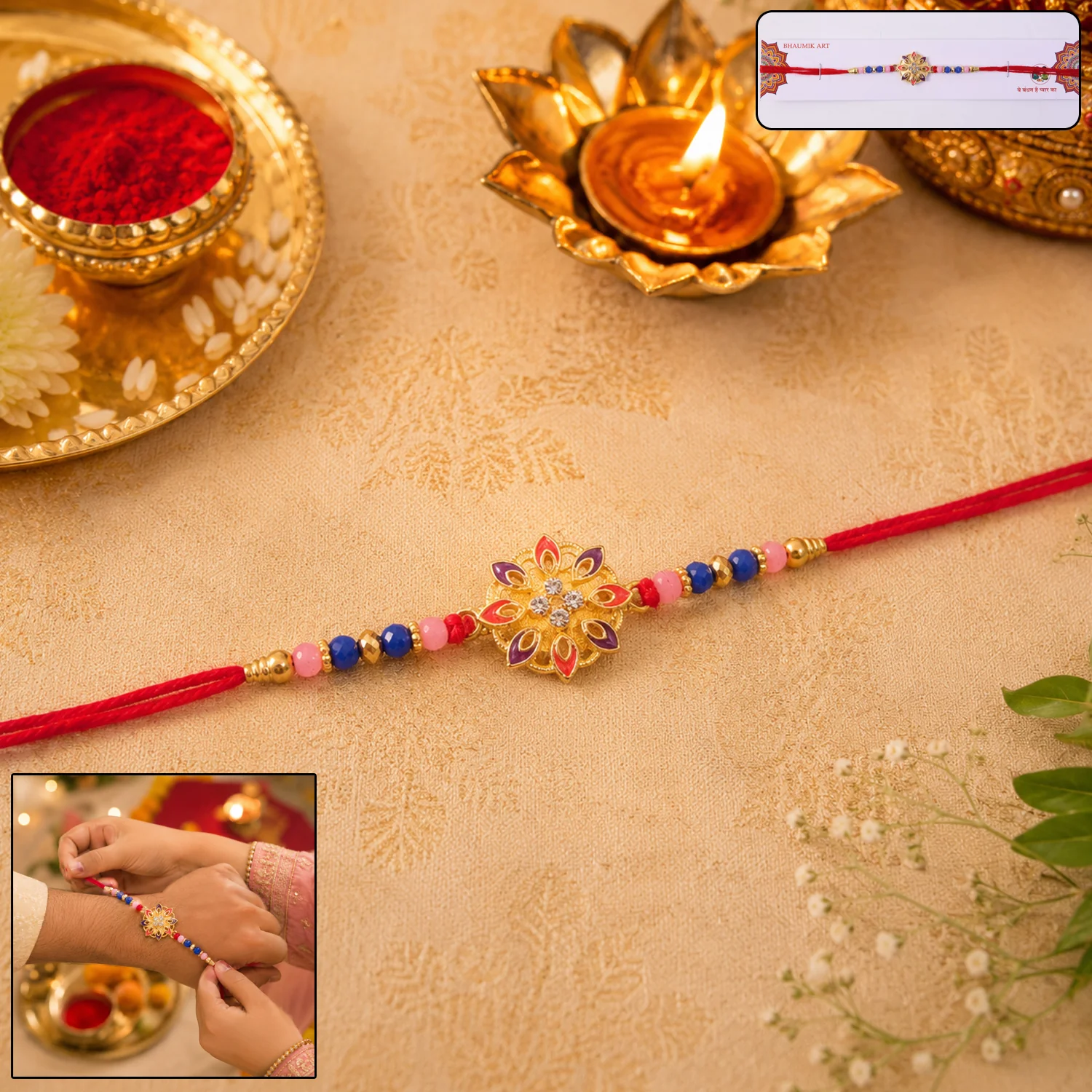 Floral Rakhi with Beads and Thread for Raksha Bandhan (1 Pc) - Image 8