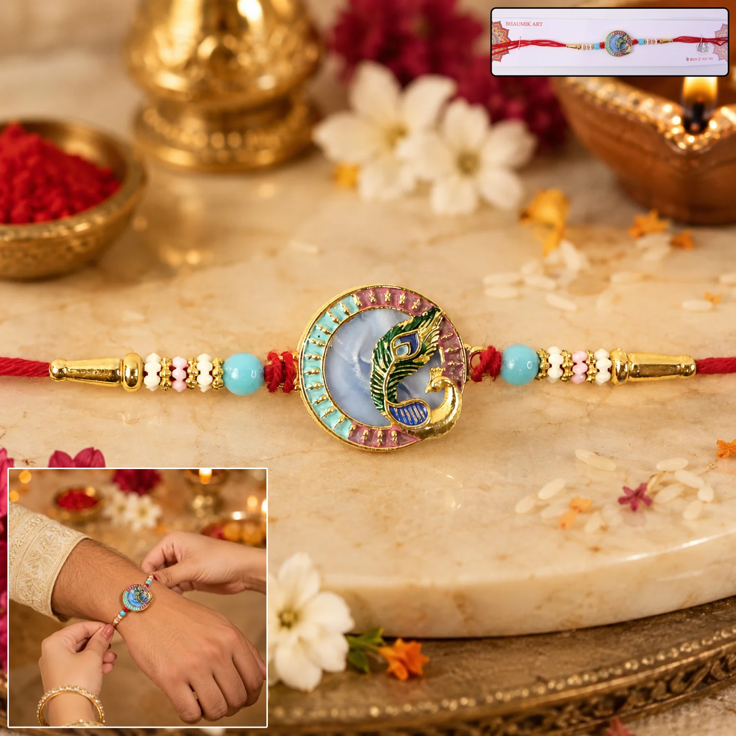 Peacock Motif Rakhi with Beads and Thread for Raksha Bandhan (1 Pc) - Image 2