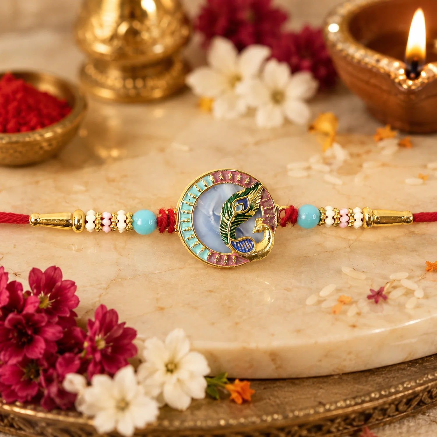 Peacock Motif Rakhi with Beads and Thread for Raksha Bandhan (1 Pc) - Image 3