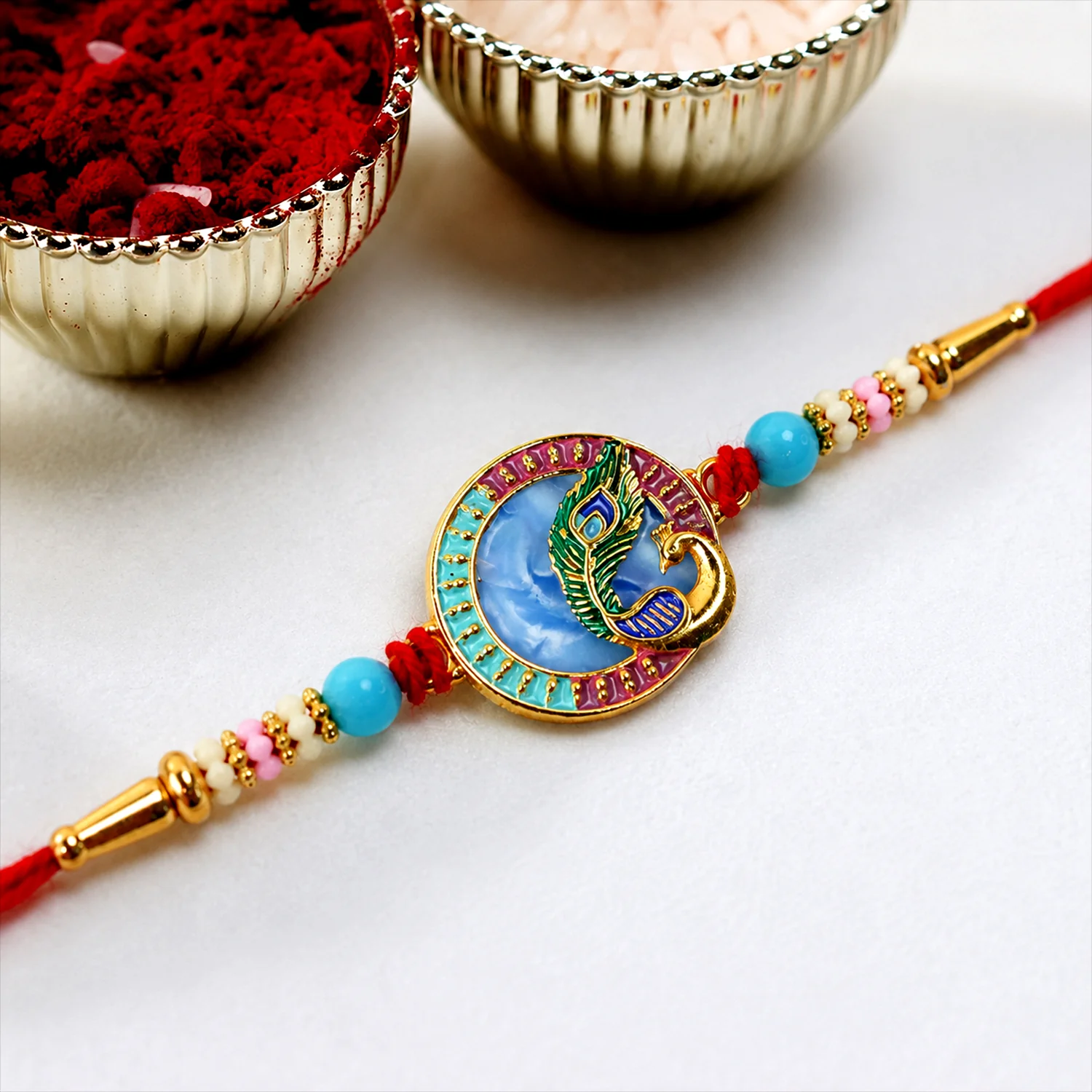Peacock Motif Rakhi with Beads and Thread for Raksha Bandhan (1 Pc) - Image 4