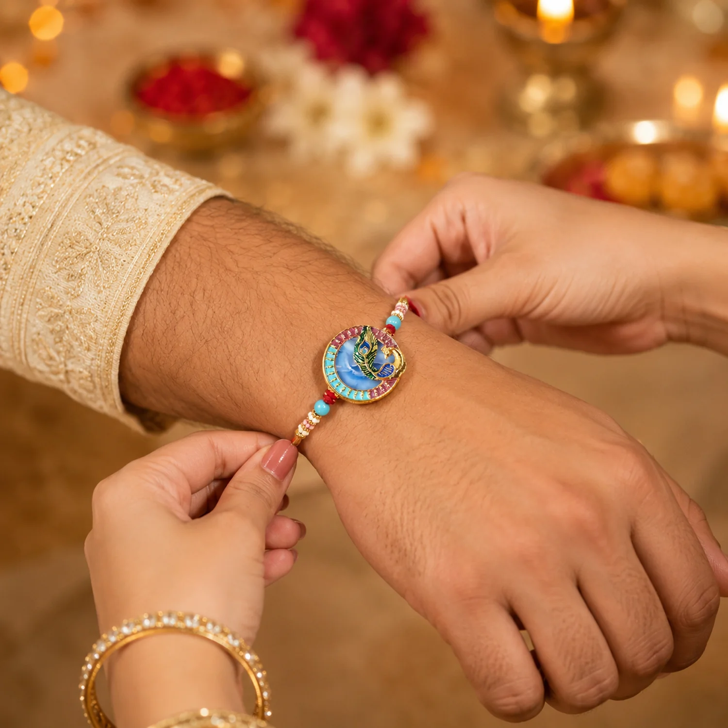 Peacock Motif Rakhi with Beads and Thread for Raksha Bandhan (1 Pc) - Image 6