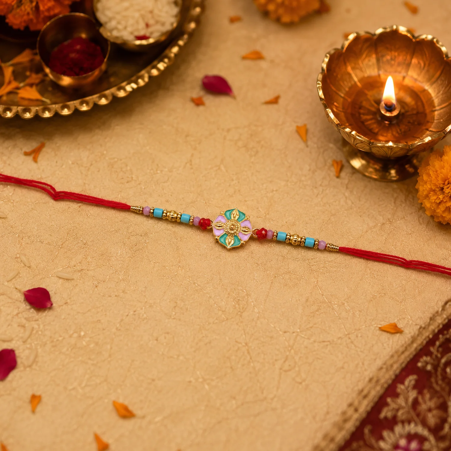 Flower Motif Rakhi with Colorful Beads (1 Pc) - Image 2