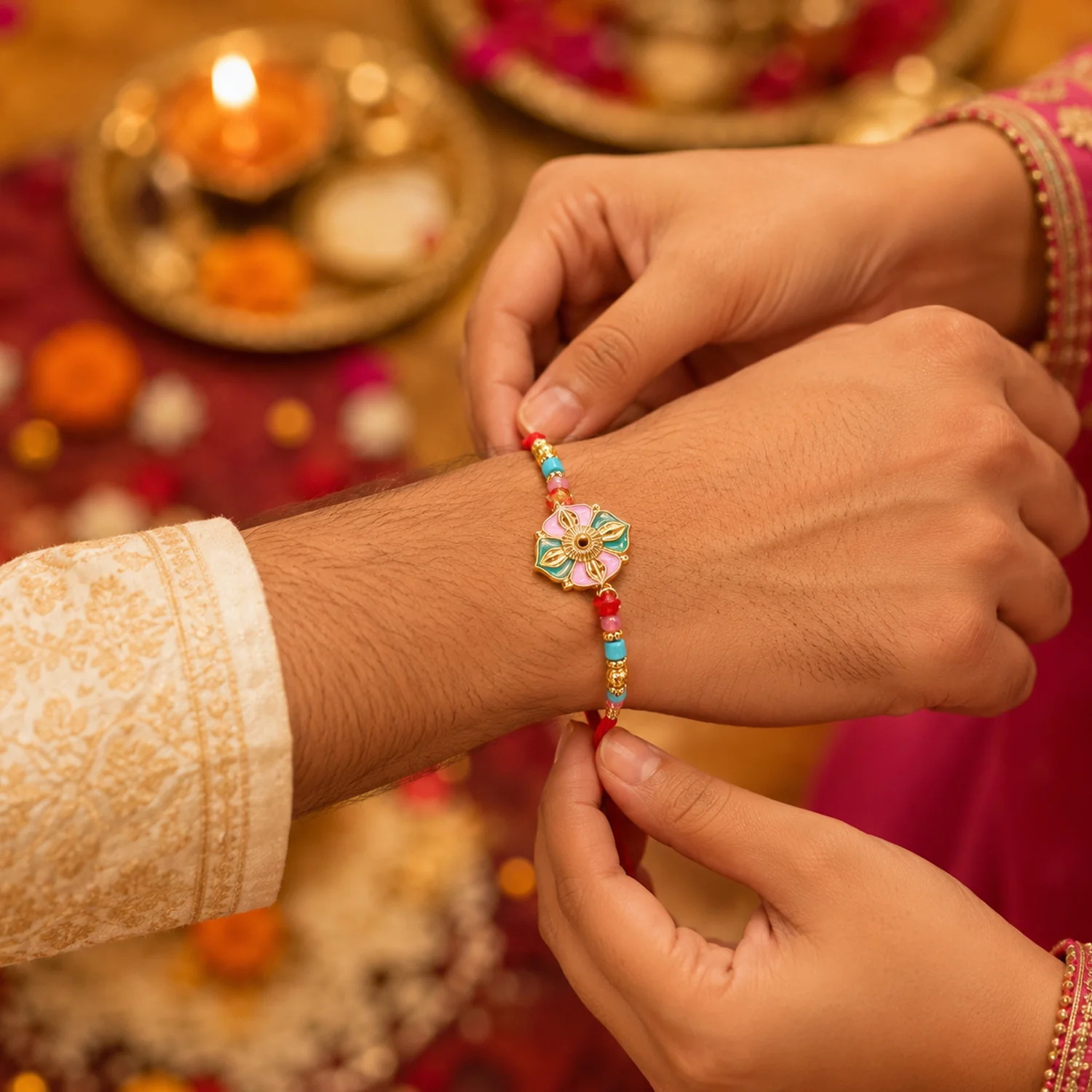 Flower Motif Rakhi with Colorful Beads (1 Pc) - Image 3