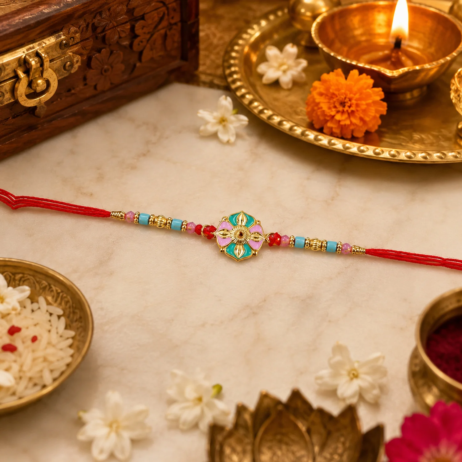 Flower Motif Rakhi with Colorful Beads (1 Pc) - Image 7