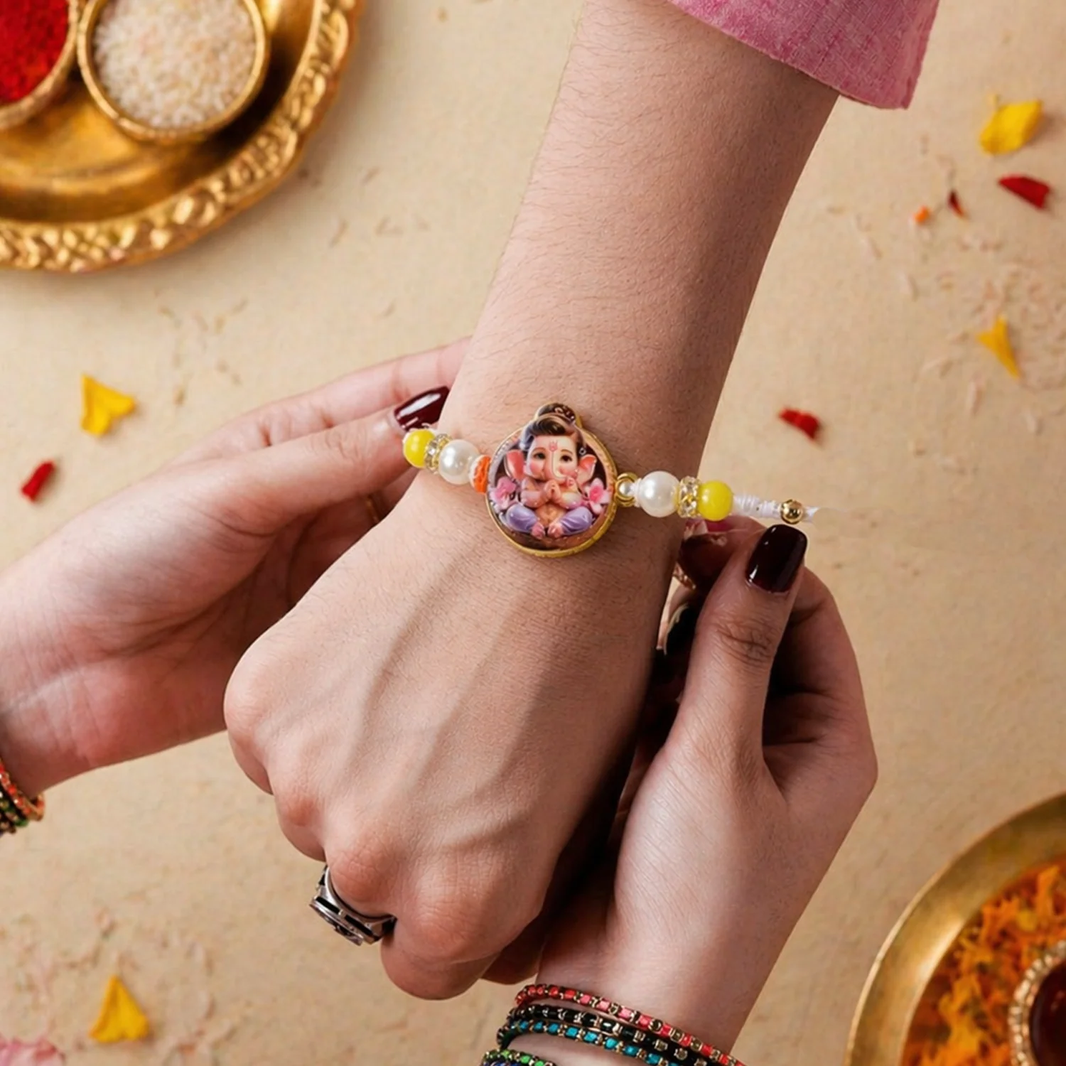 Ganesh Ji Designer Rakhi with Yellow Beads (1 Pc) - Image 4