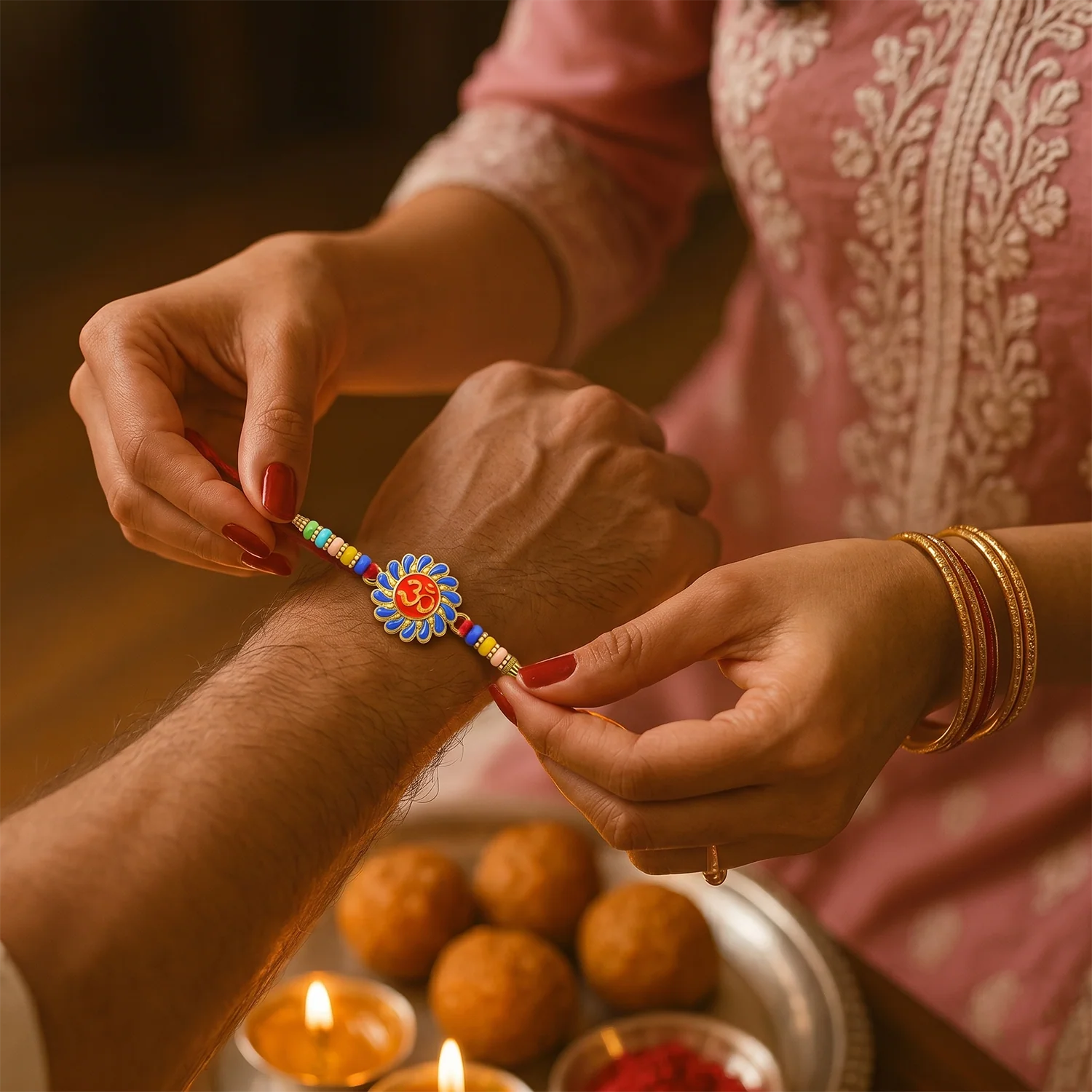 Om Designer Rakhi with Multicolor Beads (1 Pc) - Image 4
