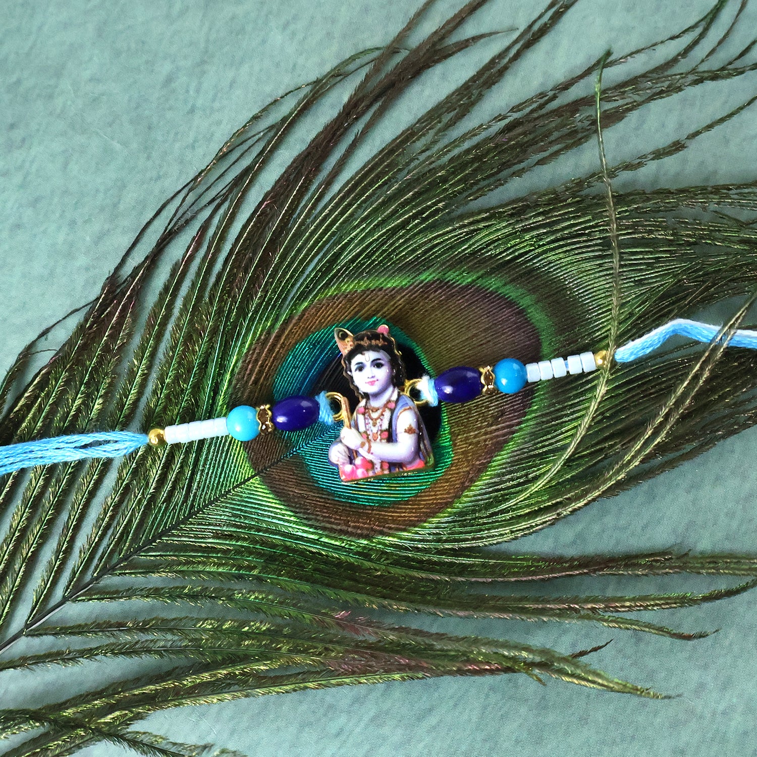 Lord Krishna Designer Rakhi with Blue Beads (1 Pc) - Image 8