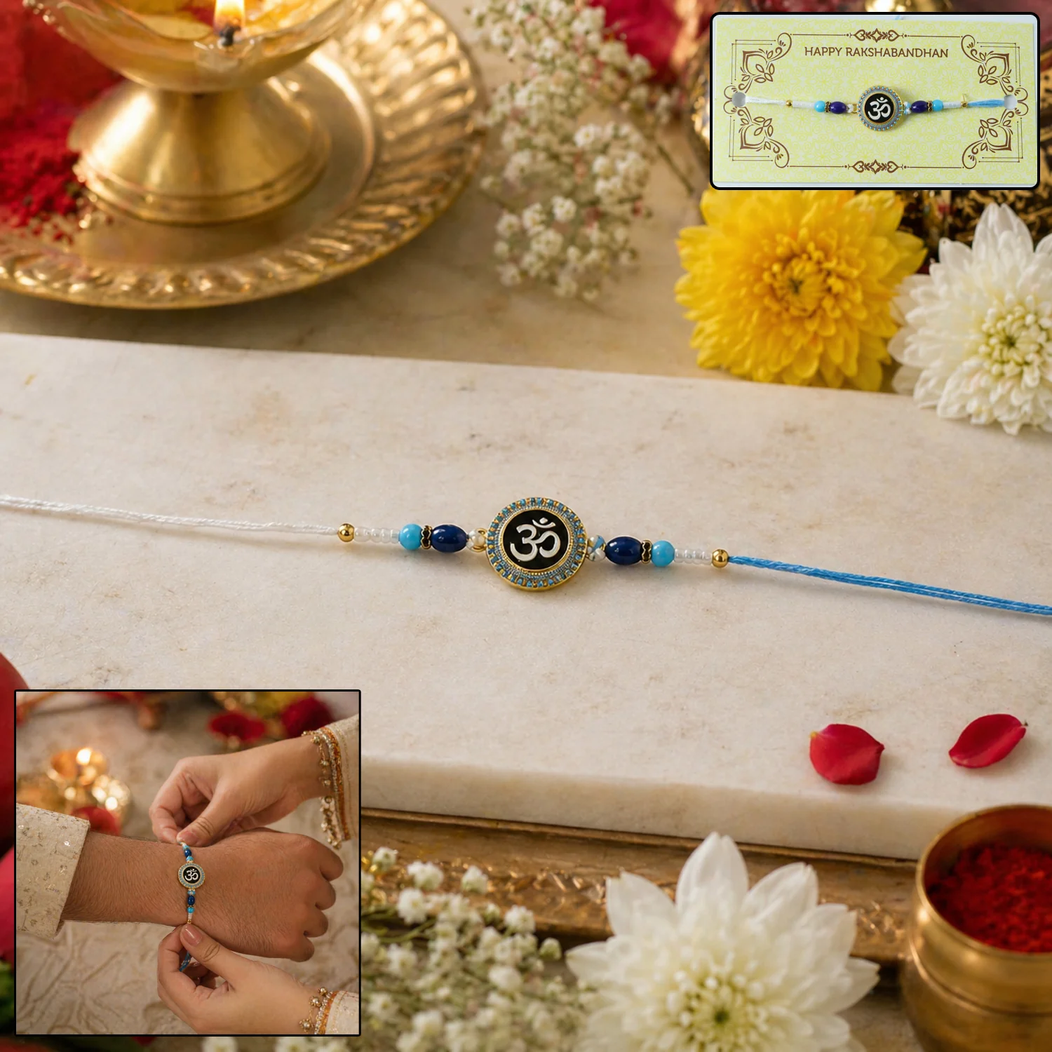 Om Designer Rakhi with Blue Beads (1 Pc) - Image 2