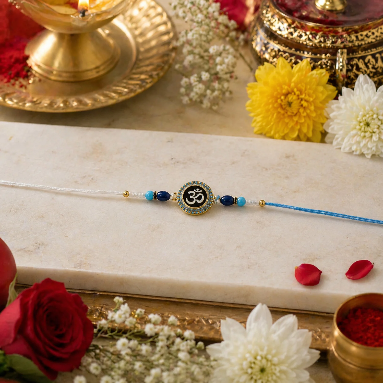 Om Designer Rakhi with Blue Beads (1 Pc) - Image 3