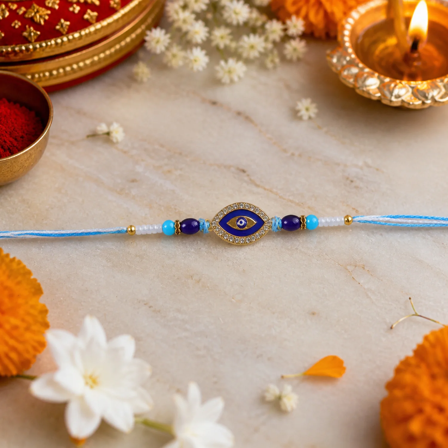 Evil Eye Designer Rakhi with Blue Beads (1 Pc) - Image 3