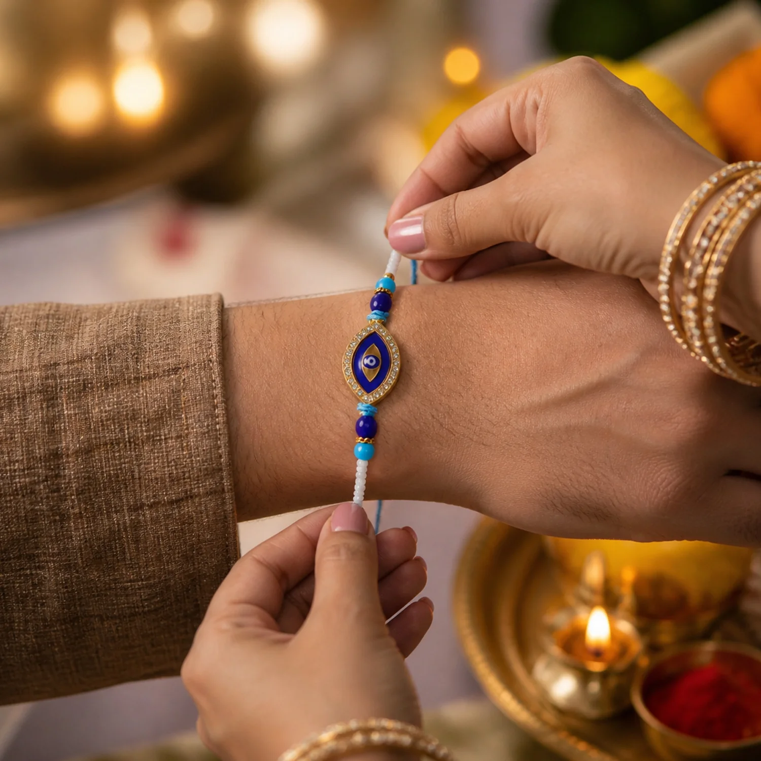Evil Eye Designer Rakhi with Blue Beads (1 Pc) - Image 4