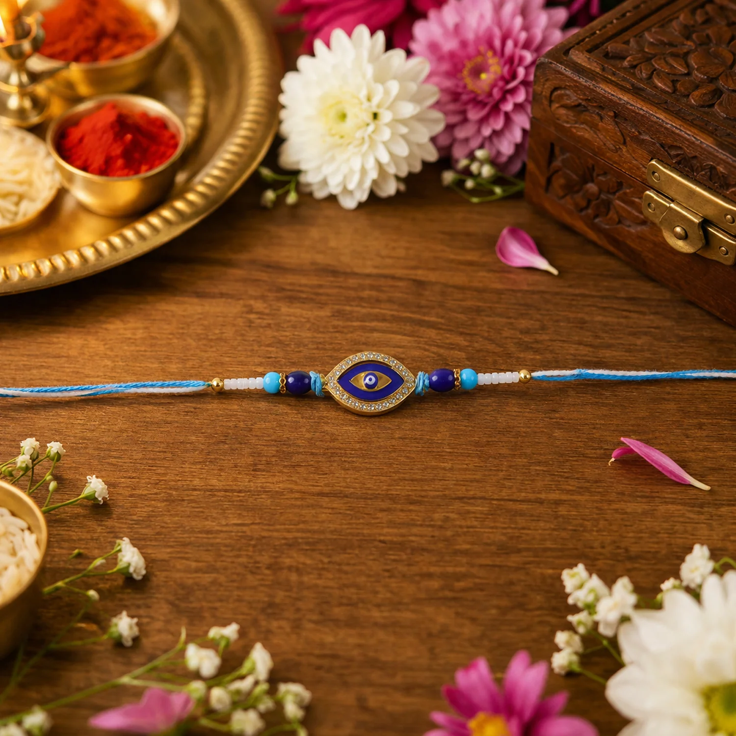 Evil Eye Designer Rakhi with Blue Beads (1 Pc) - Image 5