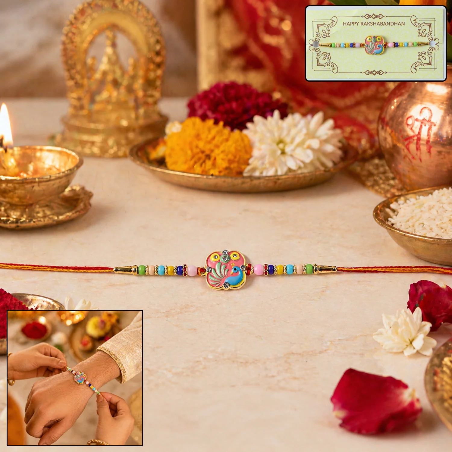 Peacock Design Designer Rakhi with Multicolor Beads (1 Pc) - Image 2