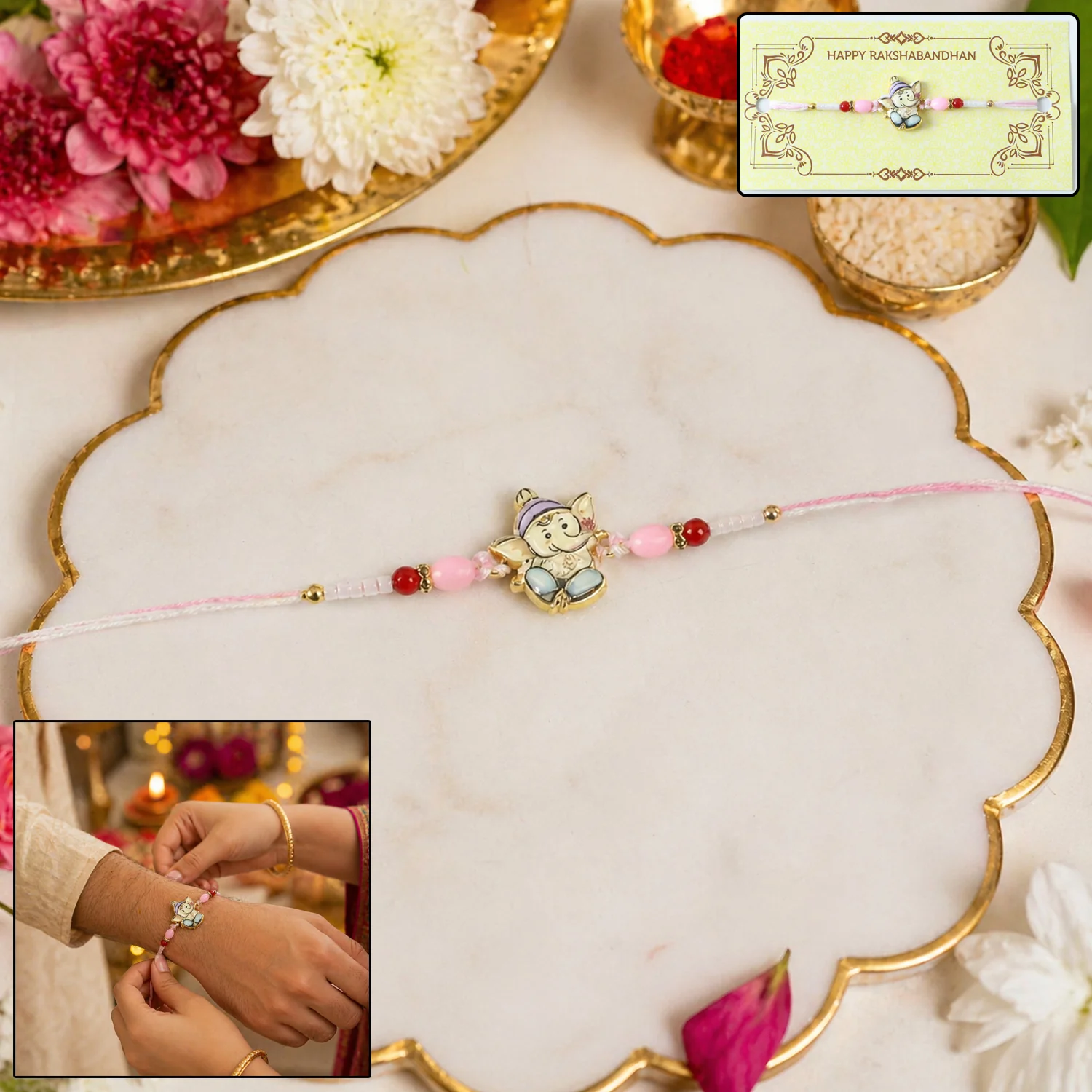 Cute Ganesha Designer Rakhi with Pink and Red Beads (1 Pc) - Image 2