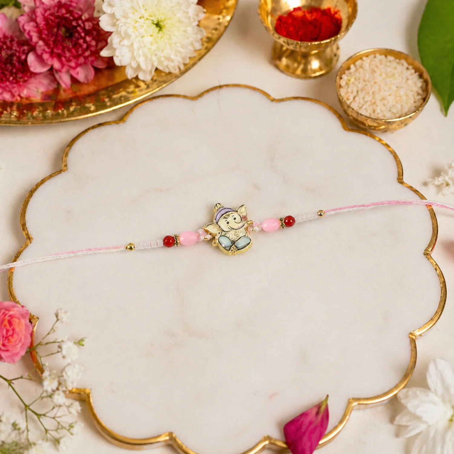 Cute Ganesha Designer Rakhi with Pink and Red Beads (1 Pc) - Image 4