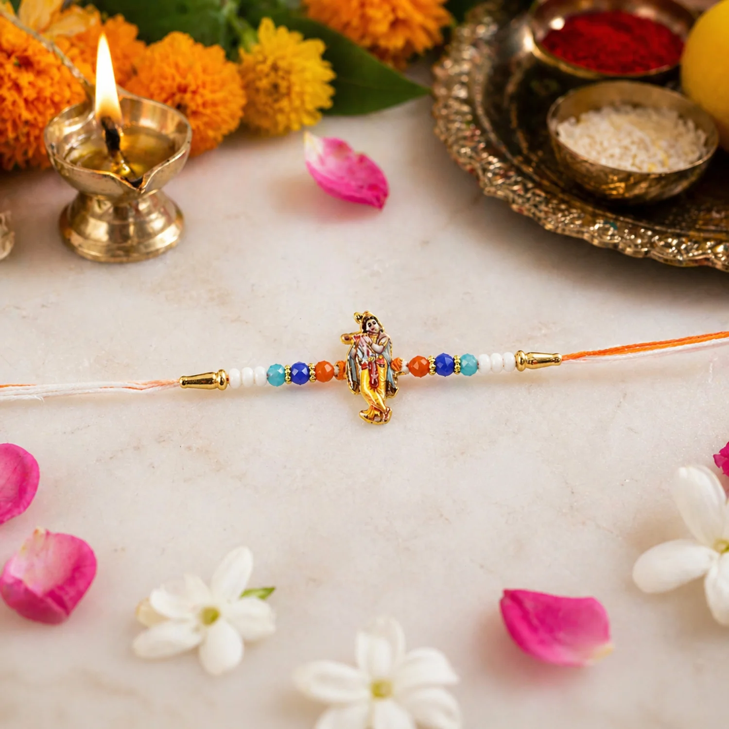 Lord Krishna Designer Rakhi with Colorful Beads (1 Pc) - Image 3