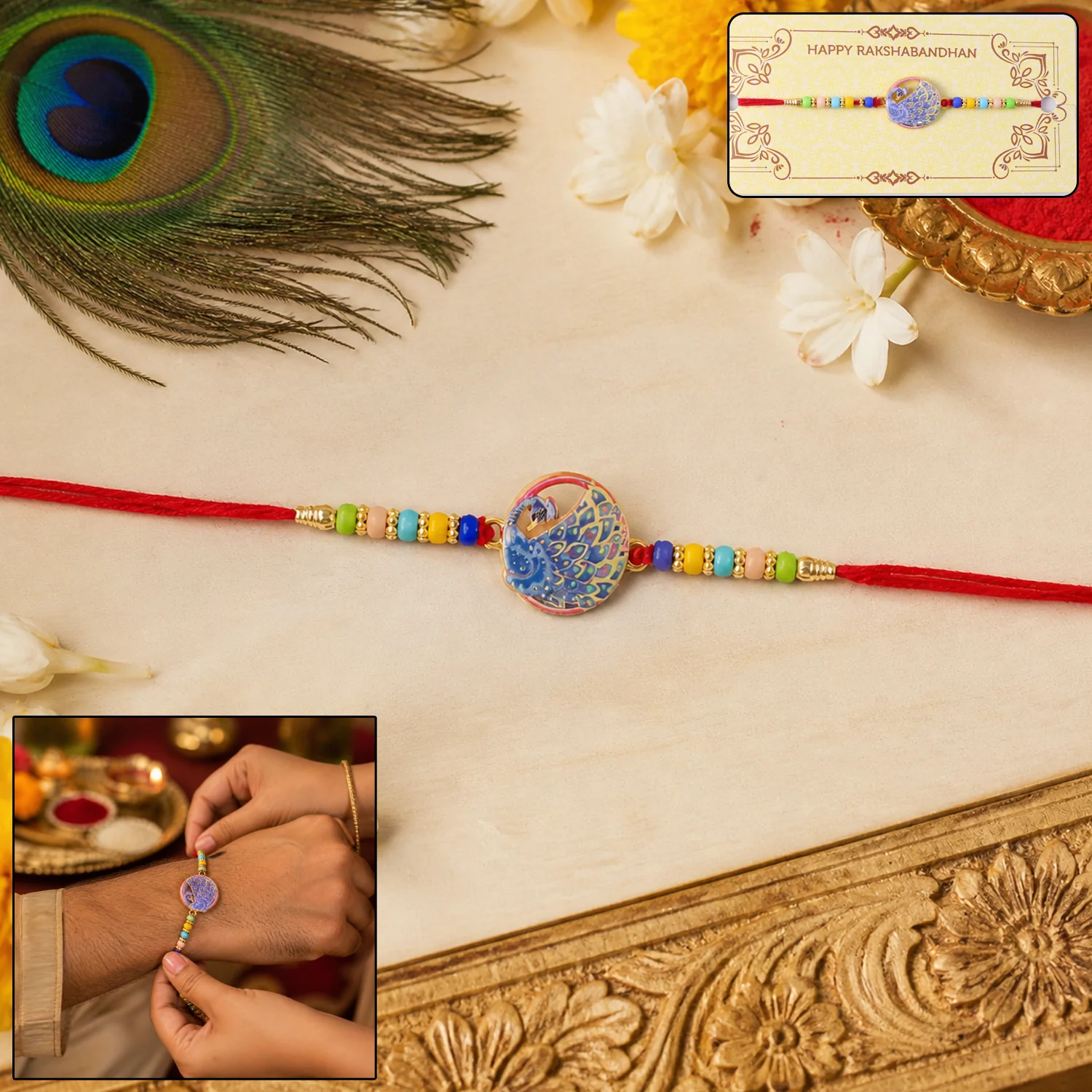 Peacock Design Designer Rakhi with Multicolor Beads (1 Pc) - Image 2