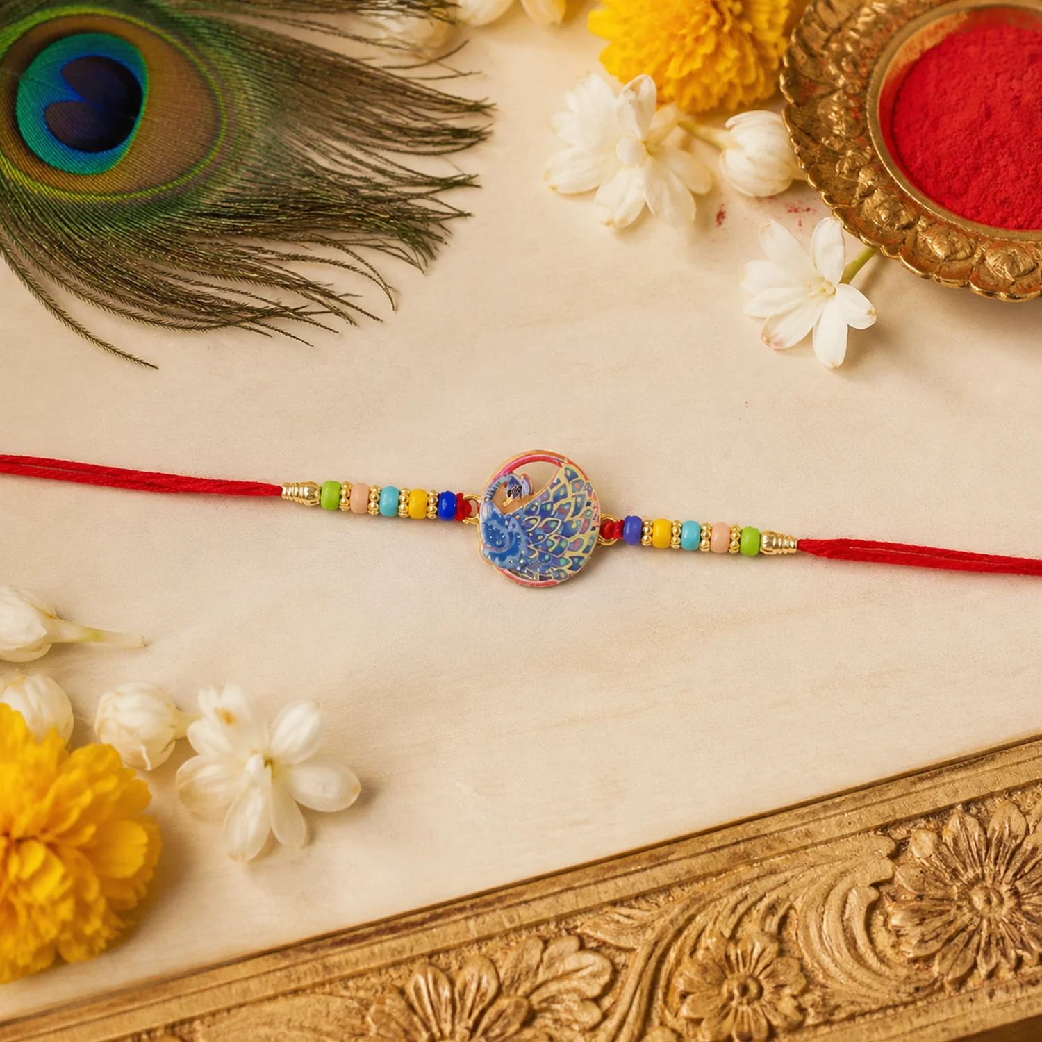 Peacock Design Designer Rakhi with Multicolor Beads (1 Pc) - Image 3
