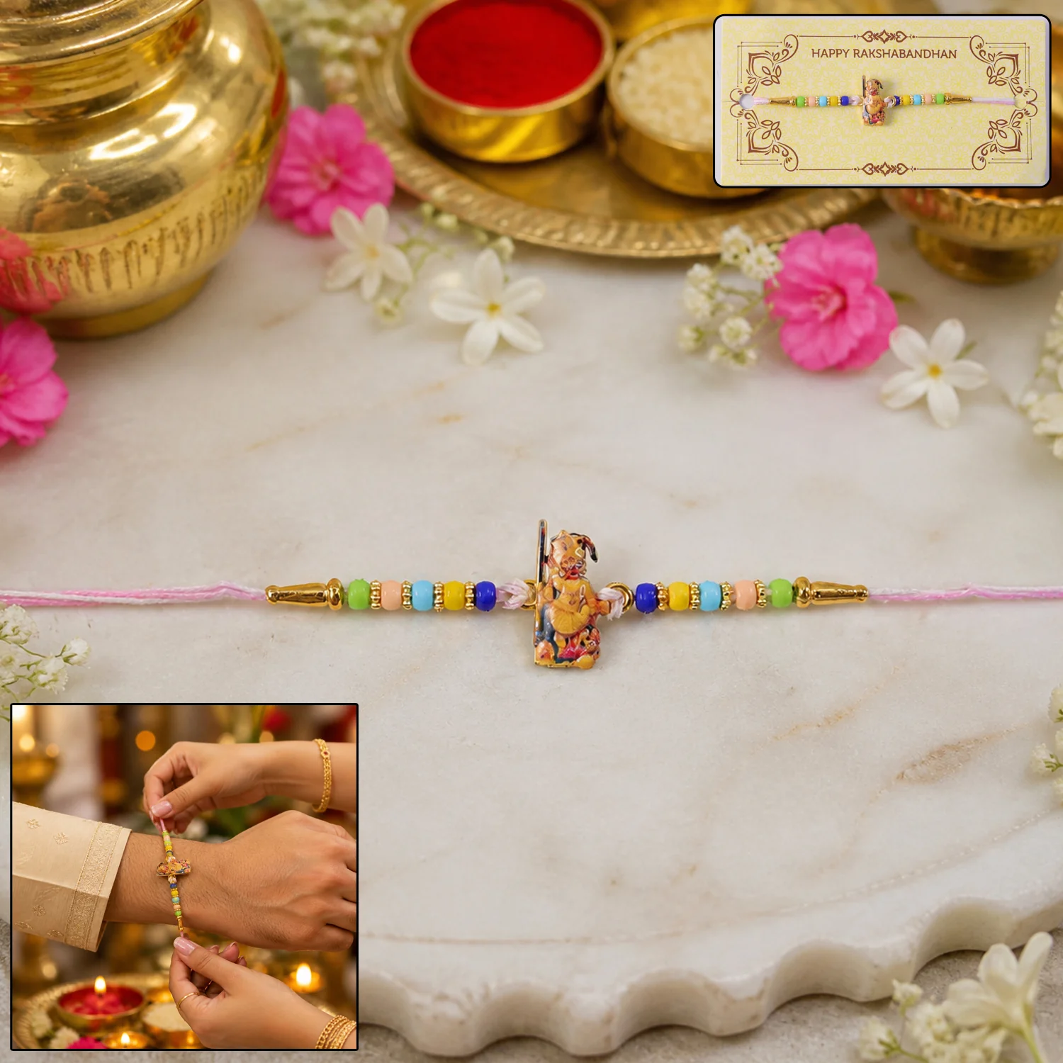 Hanuman Ji Designer Rakhi with Colorful Beads (1 Pc) - Image 2