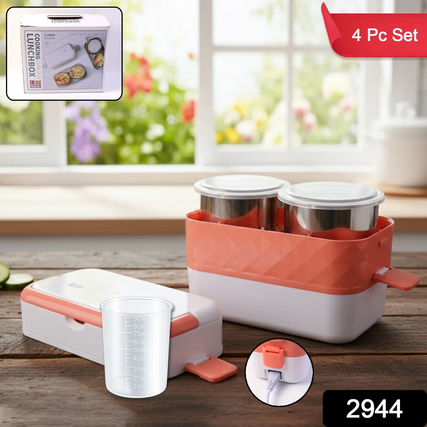 Electric Heated Lunch Box with Stainless Steel Inner Containers (1 Set) - Image 2