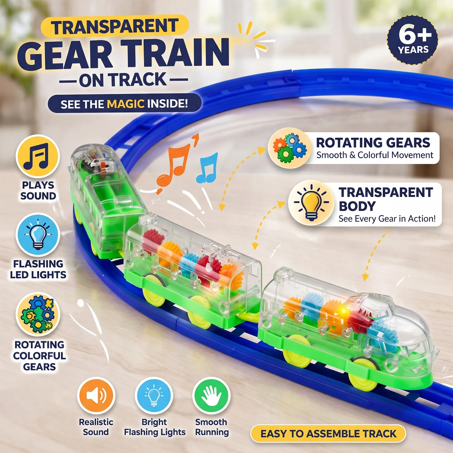 Interactive Train Set with Tracks, Lights & Music – Battery Operated, Transparent Design for Kids - Image 6