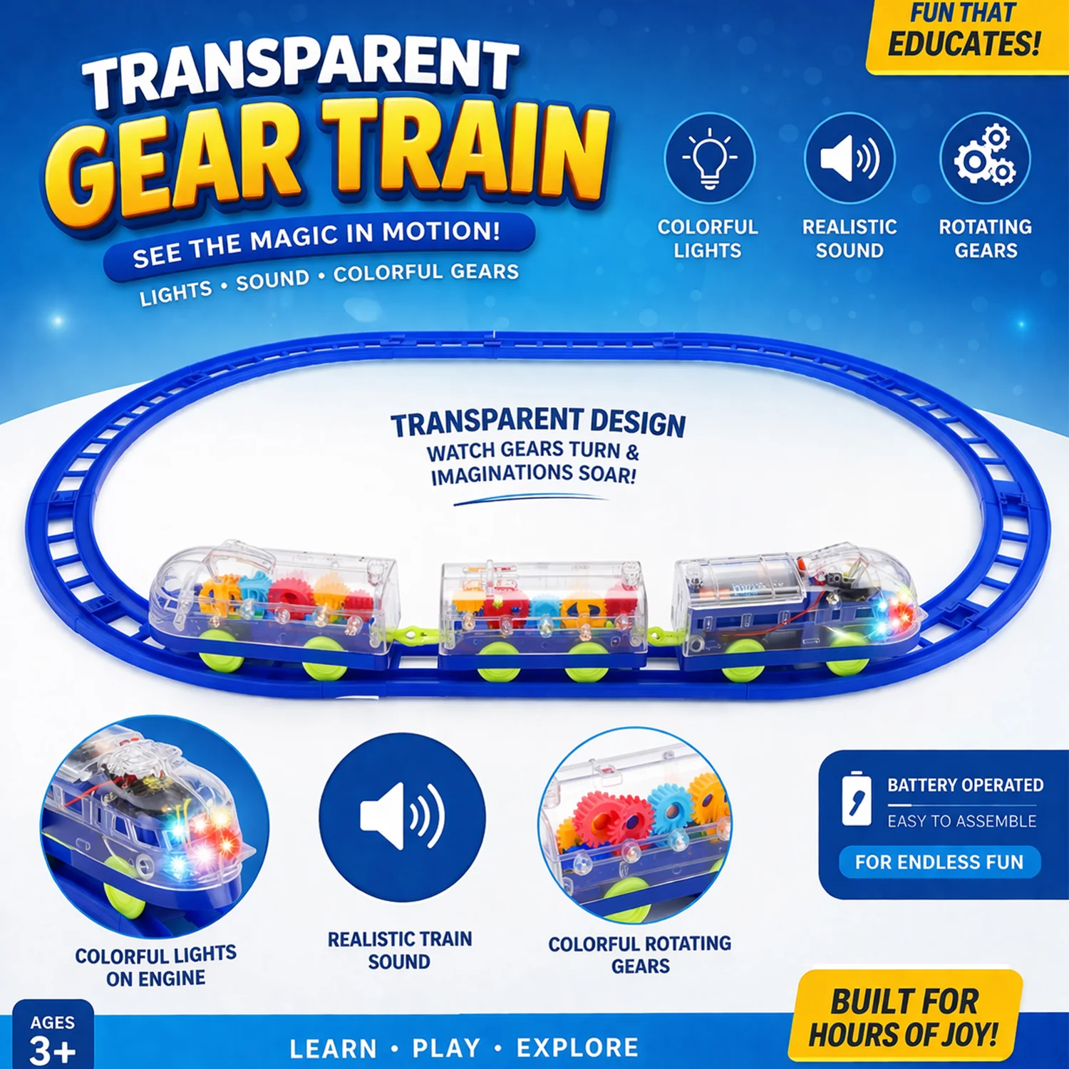 Interactive Train Set with Tracks, Lights & Music – Battery Operated, Transparent Design for Kids - Image 7