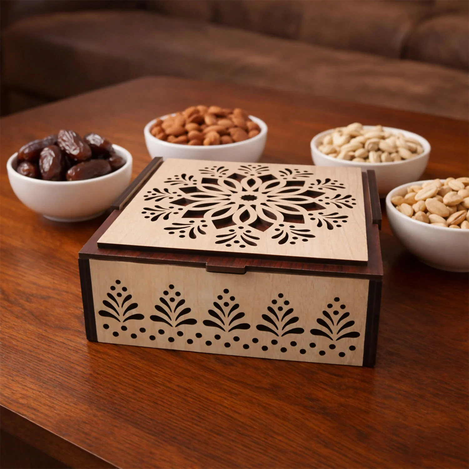 Elegant 4 Section Wooden Dry Fruit Storage Box with Laser Cut Designer Lid - Image 2